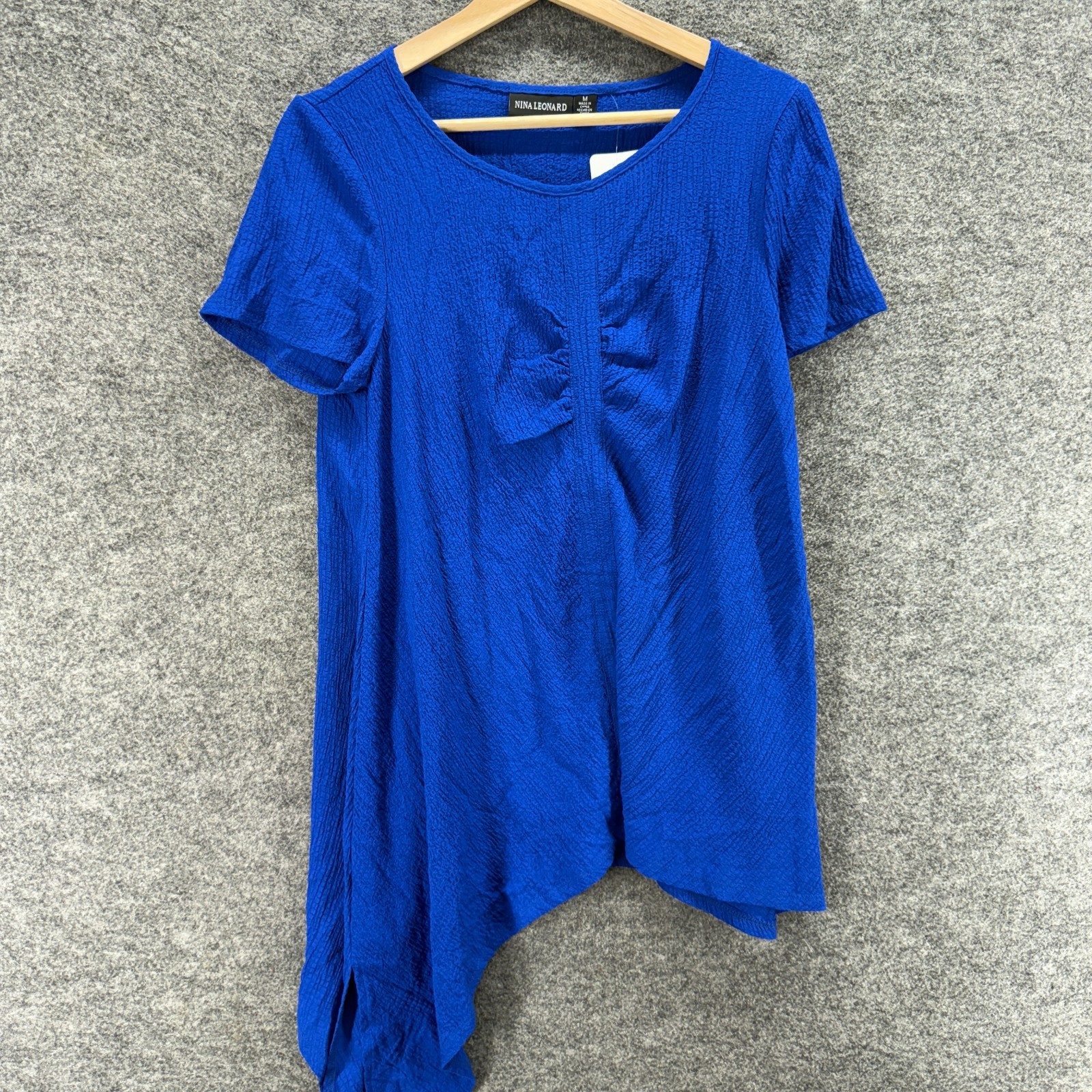 New Nina Leonard Blouse Women M Blue Short Sleeve Round Neck Rayon Casual Top