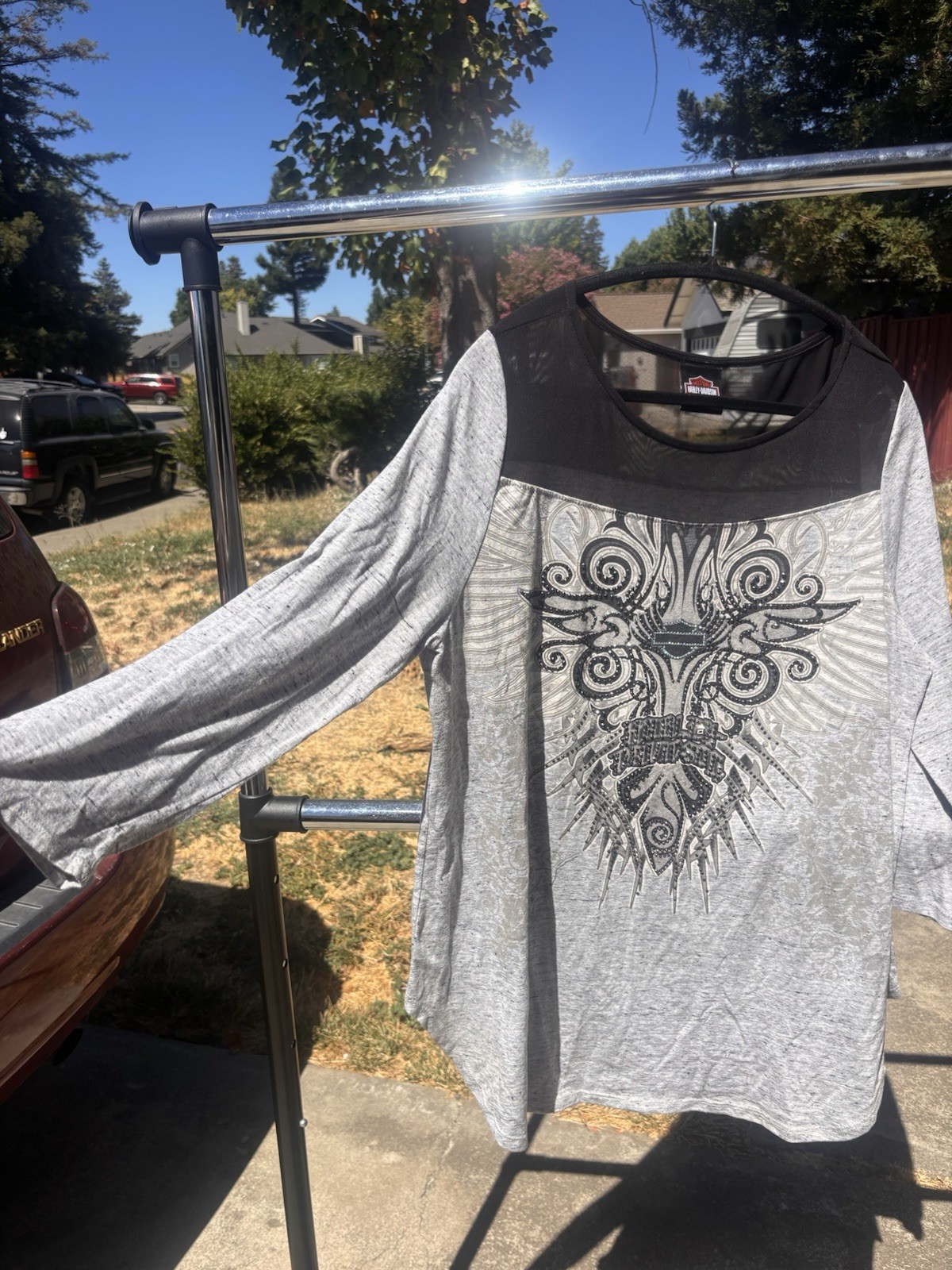 Harley-Davidson Women’s y2k 3xl grey mesh yoke rhinestone 3/4th sleeve top