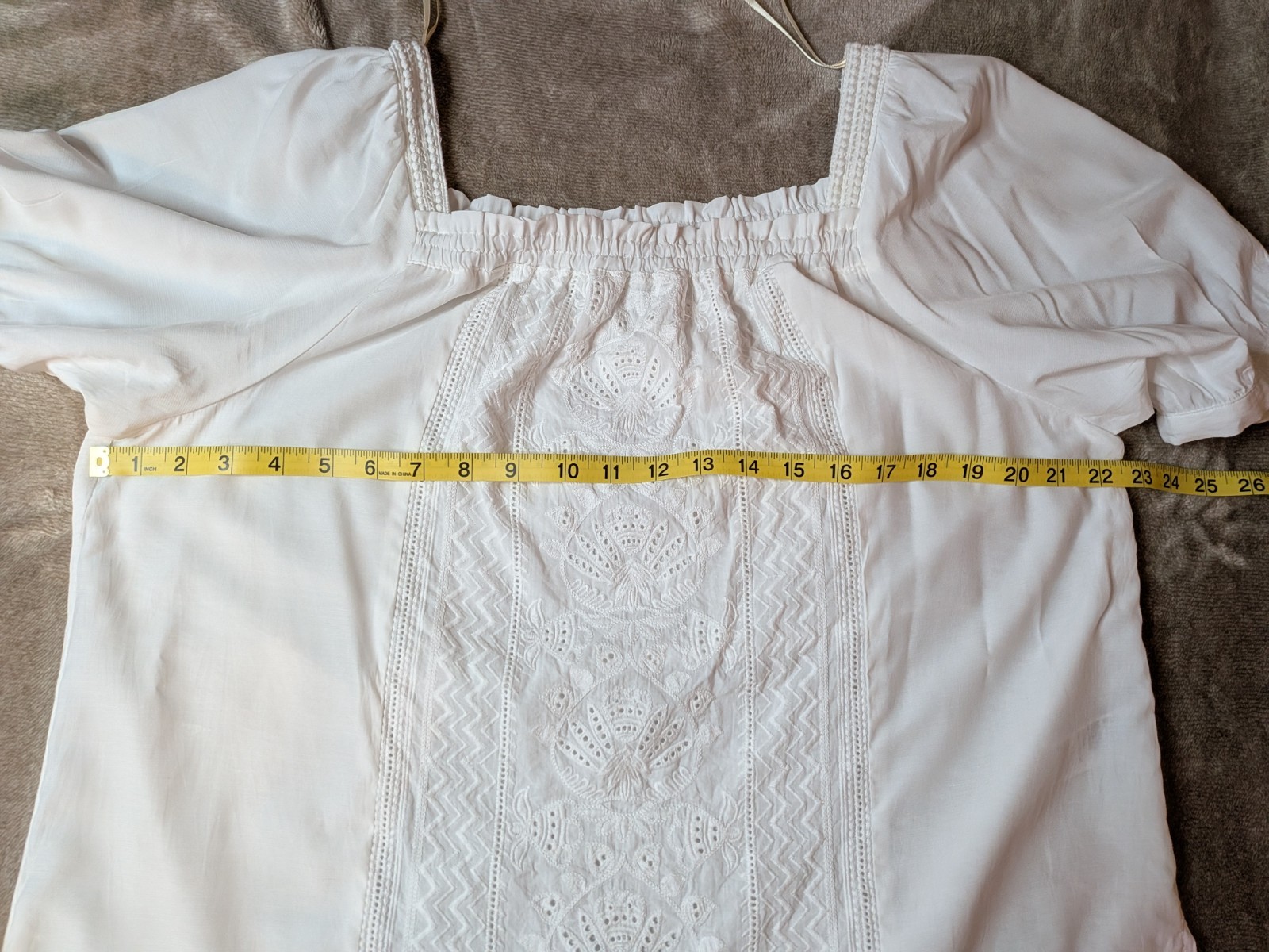 Democracy Boho Peasant Blouse Embroidered Eyelet Lace Square Neck Puff Sleeve L