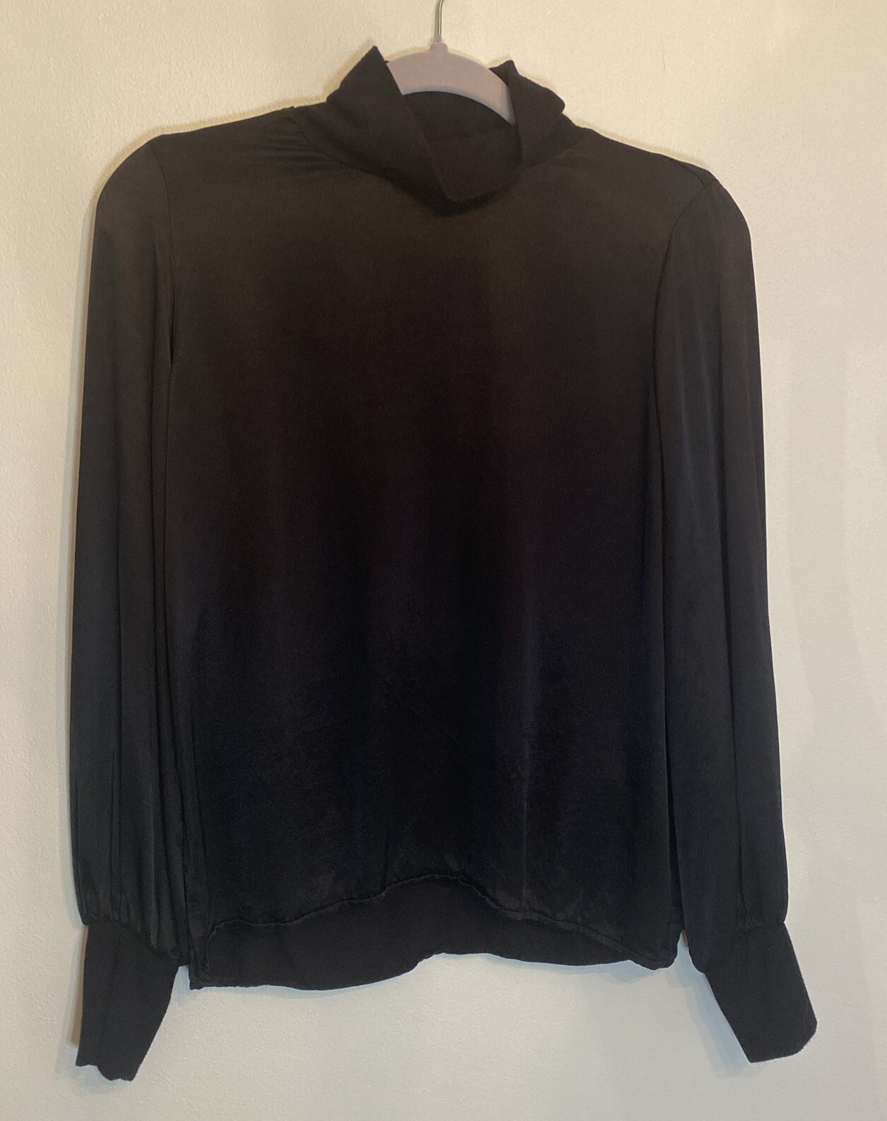 Nation Ltd Satin Mock Neck Top Black Small Keyhole Cut Out Back