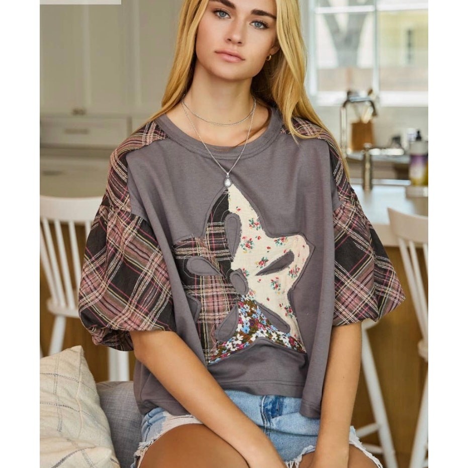 Mixed Fabric Oversized Patchwork Blouse Slight Crop Top Large