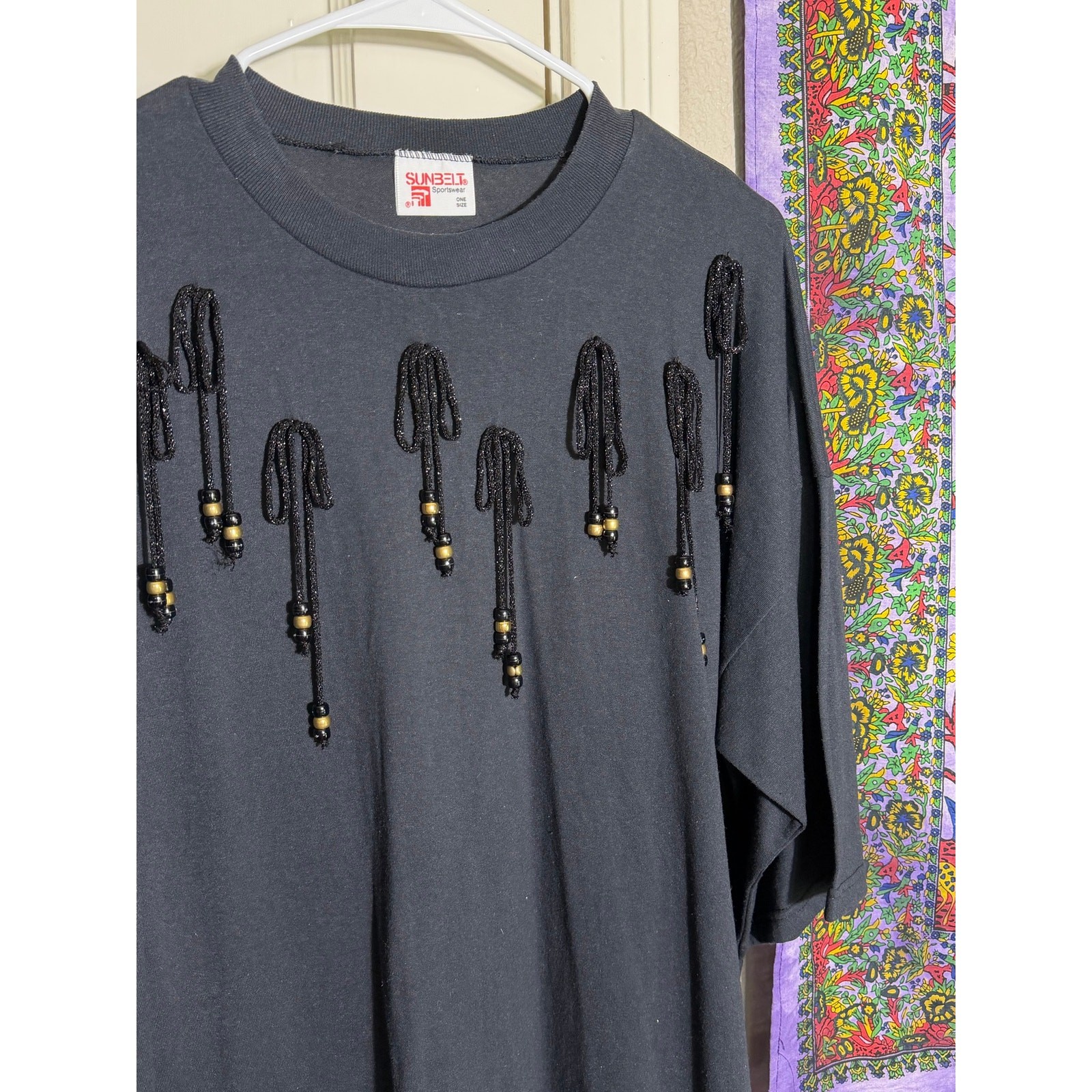 Vintage Sunbelt Sportswear Black Beaded Fringe Oversized Tee One Size USA