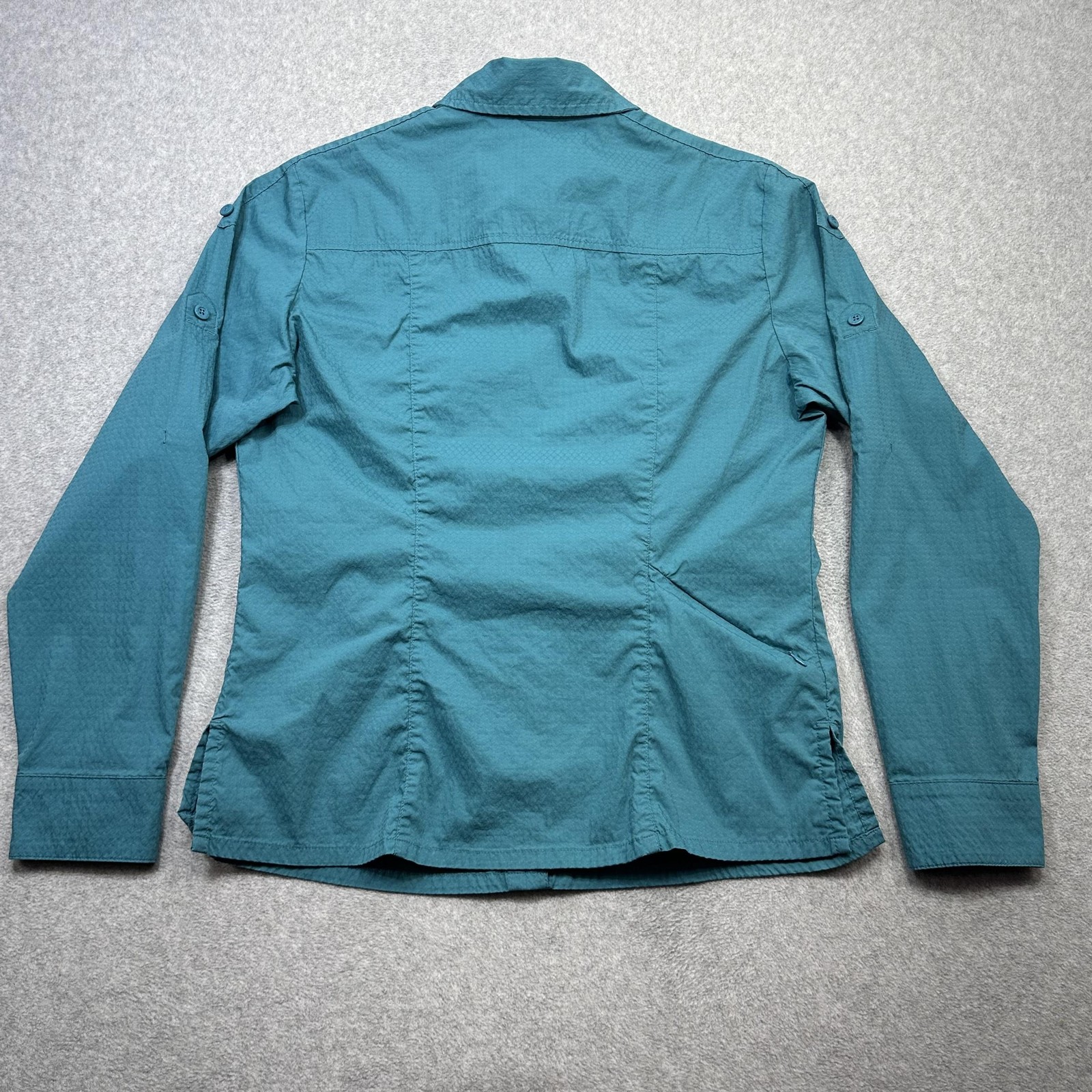 REI Shirt Womens Large Blue Green Long Sleeve Snap Front Hiking Outdoor UPF 30
