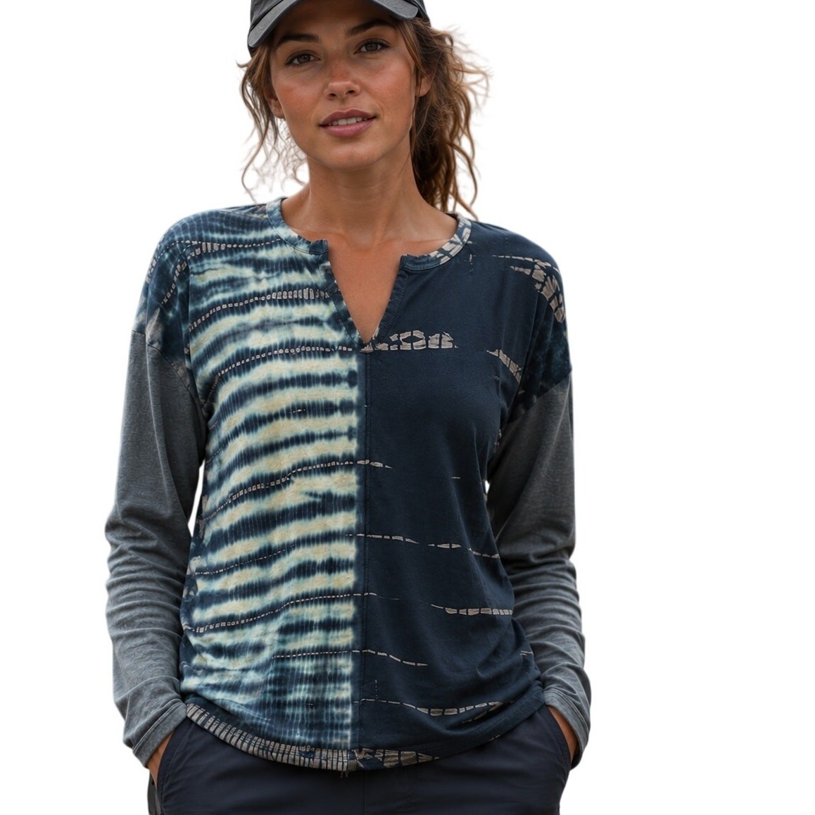 Kuhl Mixed Tie Dye Gorpcore Knit Top Womens Large Navy Cotton Long Sleeve *FLAW