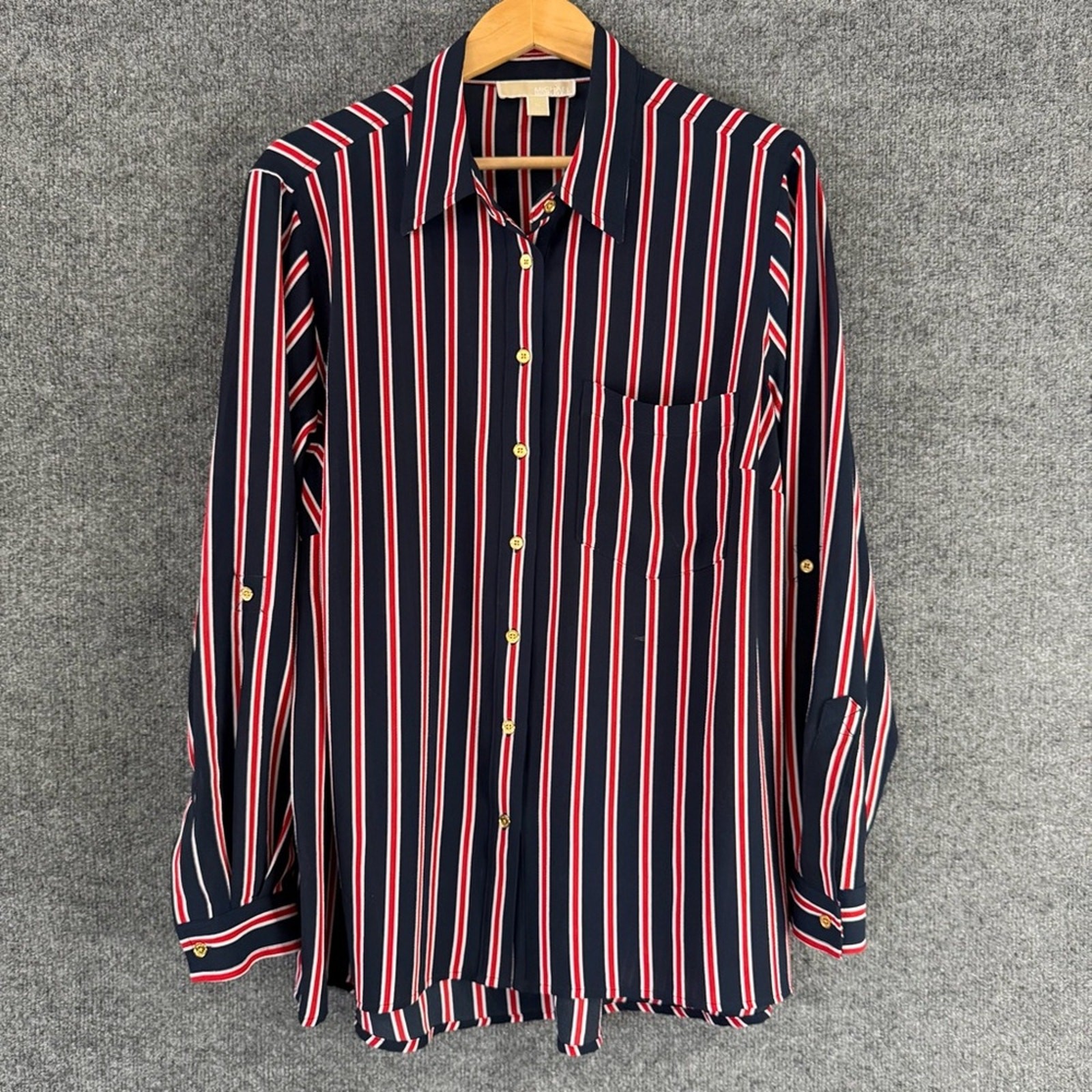 Michael Kors Womens Textured Crepe Button Up Top Size 1X Navy Red White Office