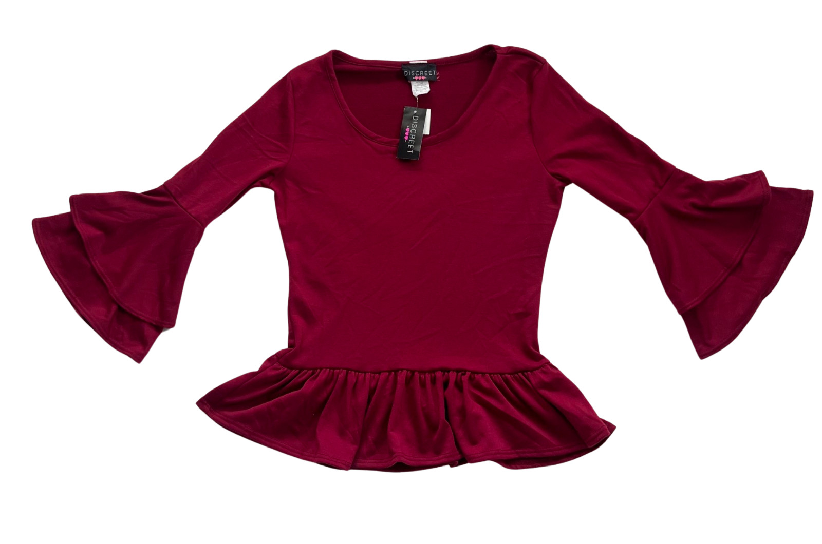 NWT New Discreet Womens Top Burgundy 3/4 Ruffle Sleeve Size M Medium Made in USA