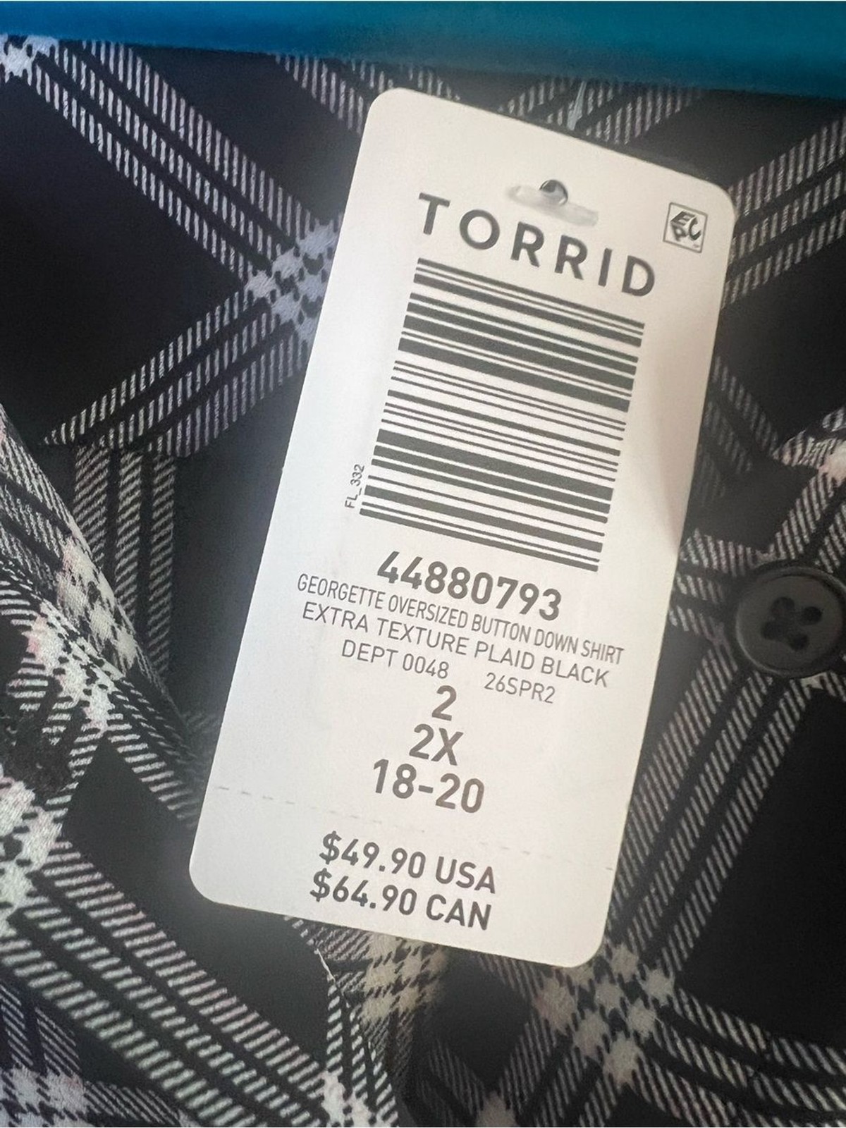 Torrid Georgette Oversized Plaid Button Down Shirt 2X NWT Black White