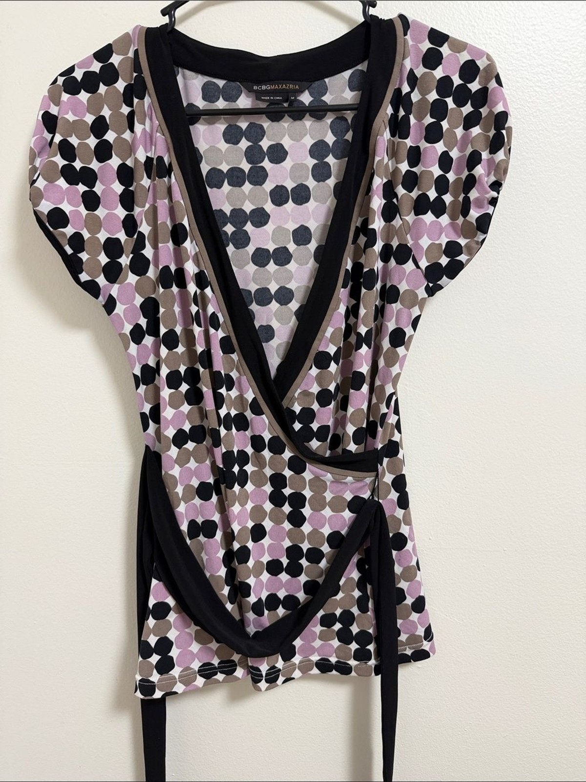 BCBGMAXAZRIA Polka Dot Wrap Top in Pink, Black & Taupe