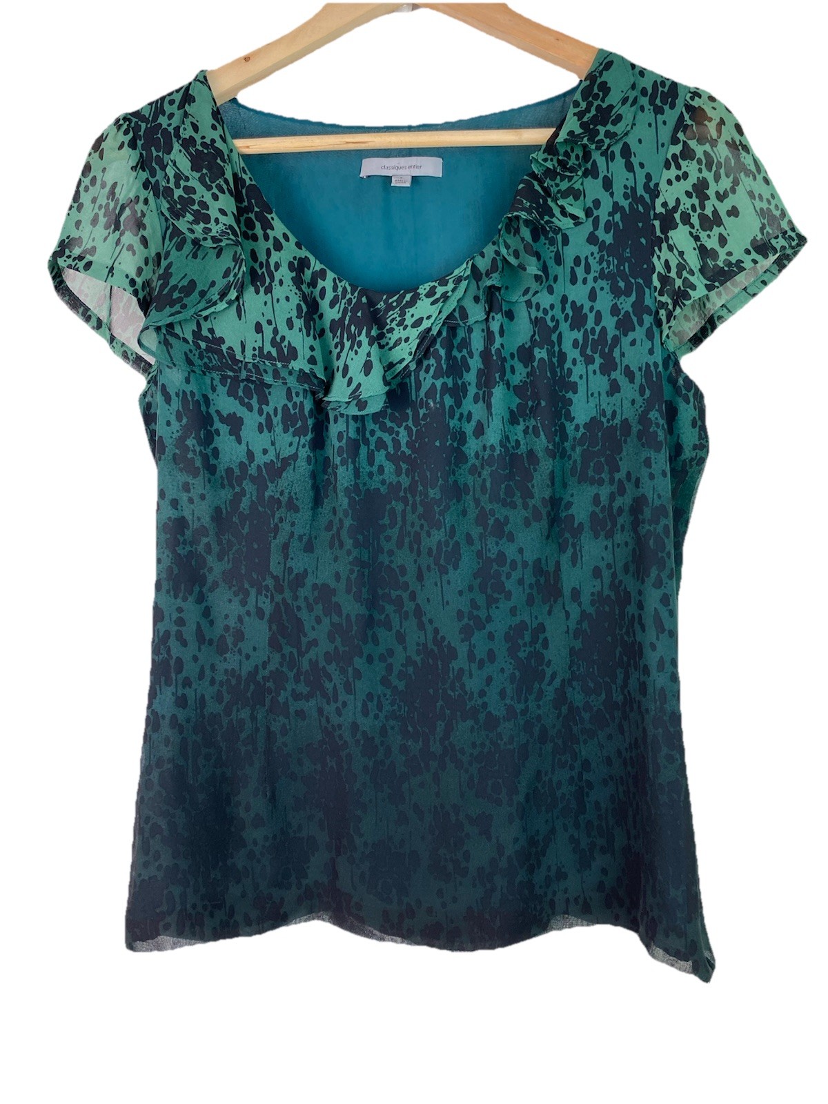 Classiques Entier Women’s S Green Black Ombre 100% Silk Ruffle Blouse