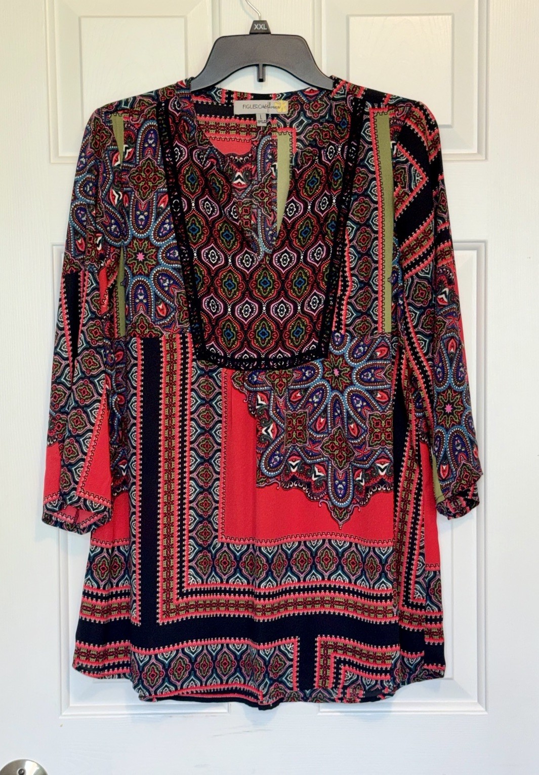 Figueroa & Flower Women’s L Multicolor Paisley V-Neck 3/4 Sleeve Tunic Blouse