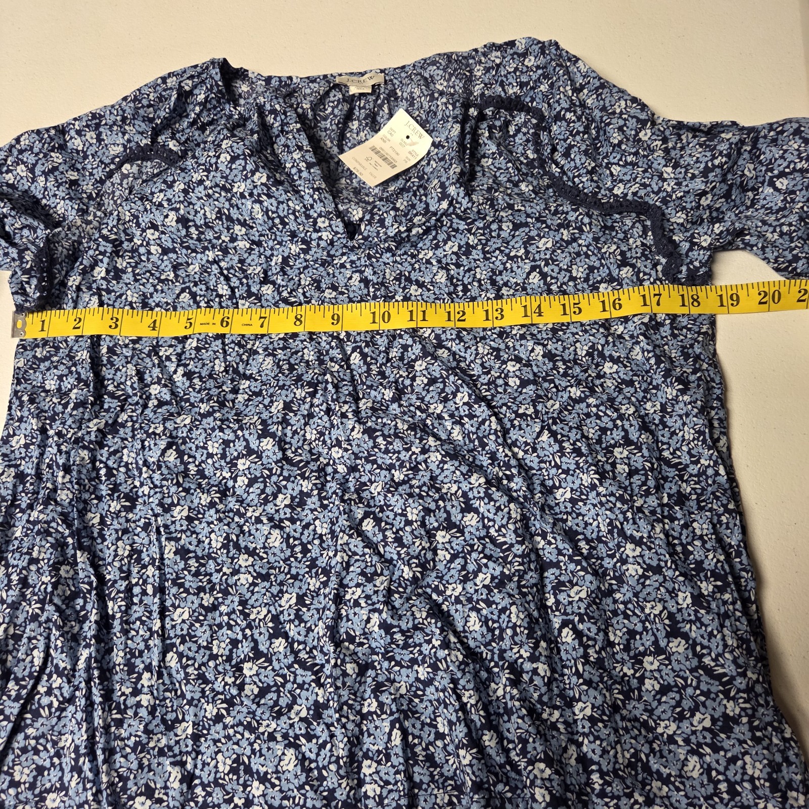 J Crew Floral Blue Ruffle Trim Peasant Top Size PS Petite Small Career Office