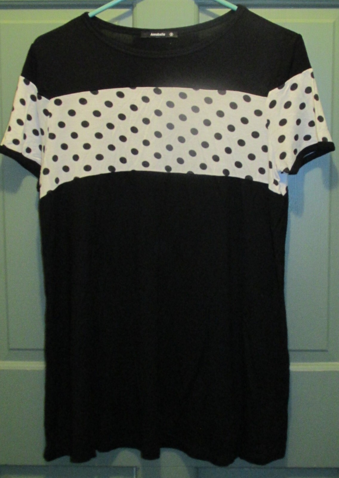 Annabelle Women’s Black & White Polka Dots Stretch Short Sleeve Blouse Size S