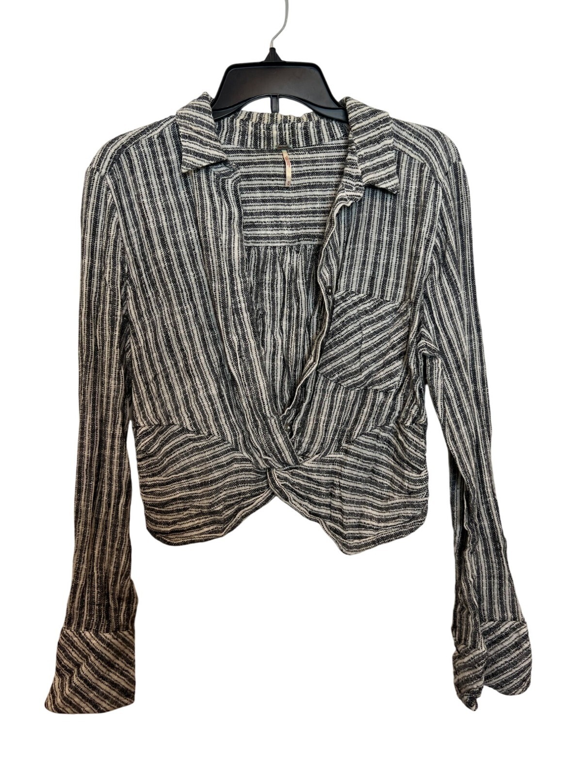 Black & White Striped Button-Up Crop Top With Twist Front Long Sleeves & Collar