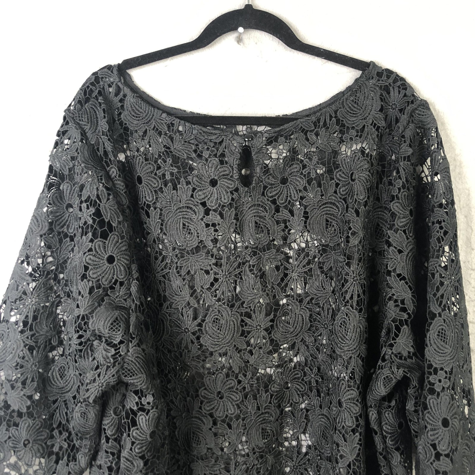 June + Vie Tunic Blouse Womens 32W Plus Black Crochet Lace Sheer Party Boho