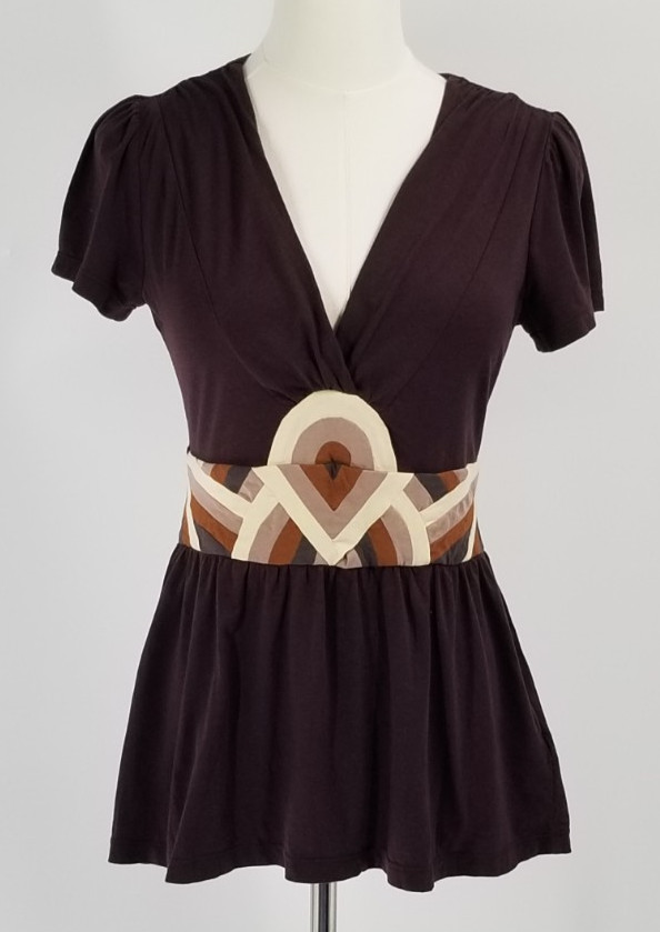 Deletta Size Small S V-Neck Tunic Top Waist Detailing Gathered Below Waist Brown
