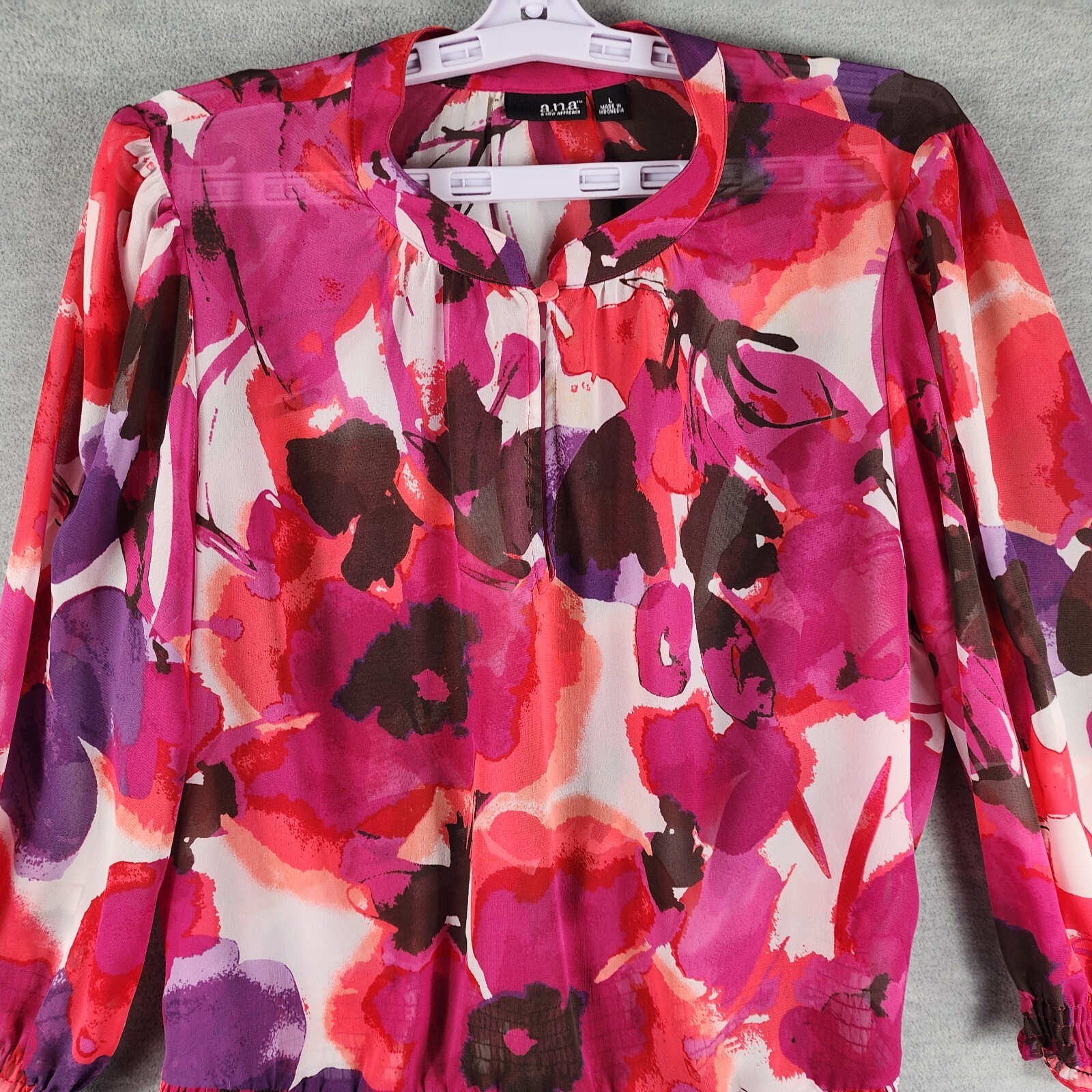 ANA Women Blouse M Multicolor Pink Floral Sheer Chiffon Elastic Waist