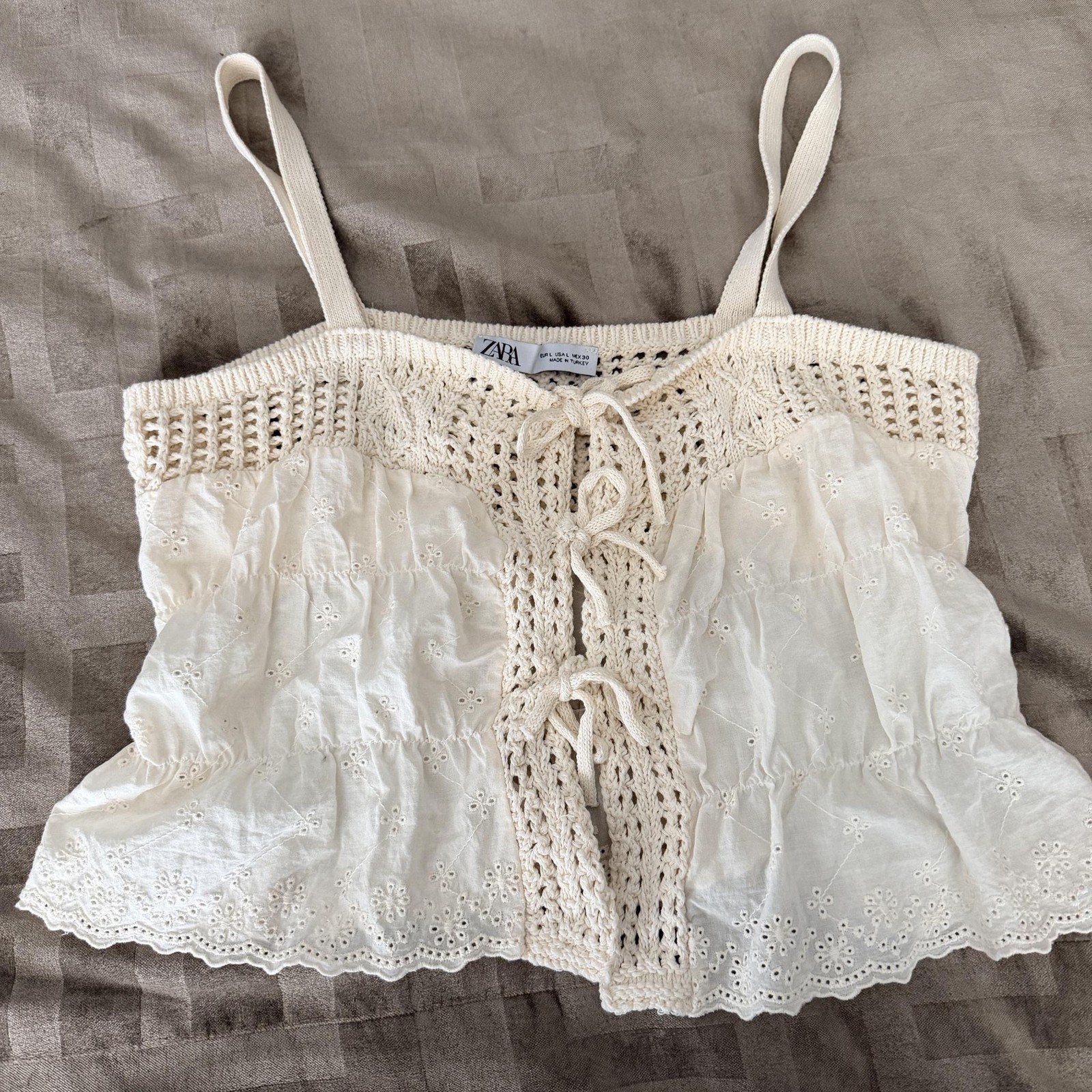 Zara Crochet Cami Tank Top Womens L Ivory Lace Up Eyelet Boho Crop Summer
