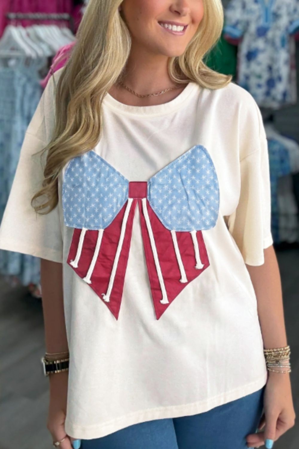 SYNZ Women’s Loose Knit Vintage Flag Bow Patch T-Shirt – Casual Graphic Tee