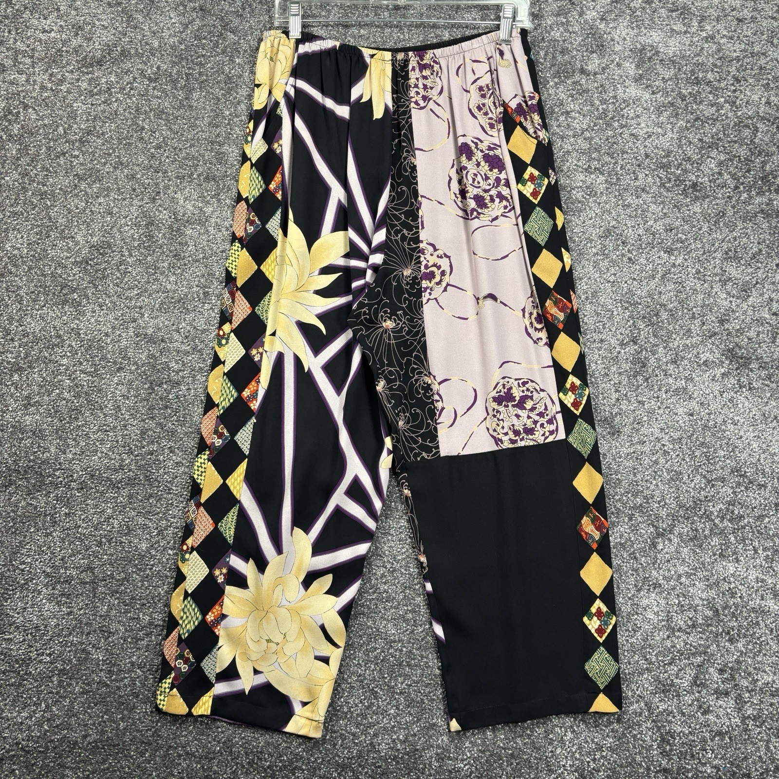 Harari Blouse Top & Pants Womens Large 100% Silk Asian Art To Wear Argyle READ