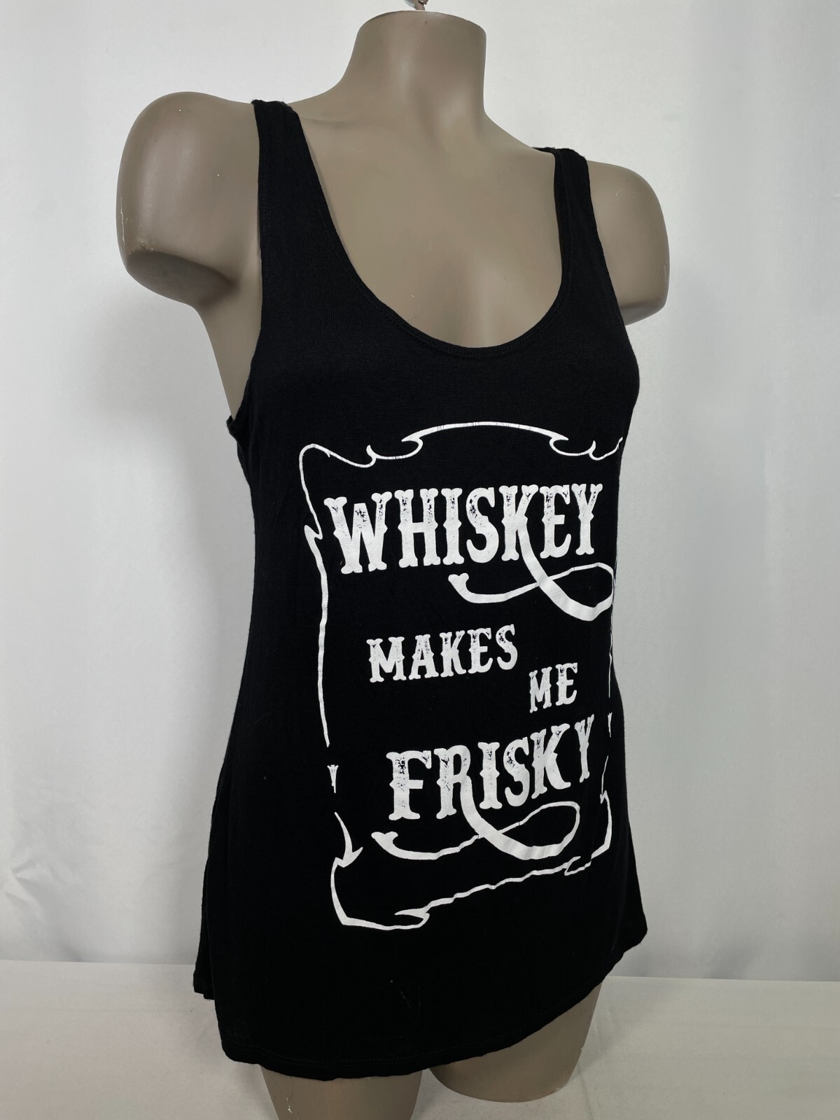 Whiskey Makes Me Frisky Graphic Black Scoop Neck Tank Top Women’s MEDIUM