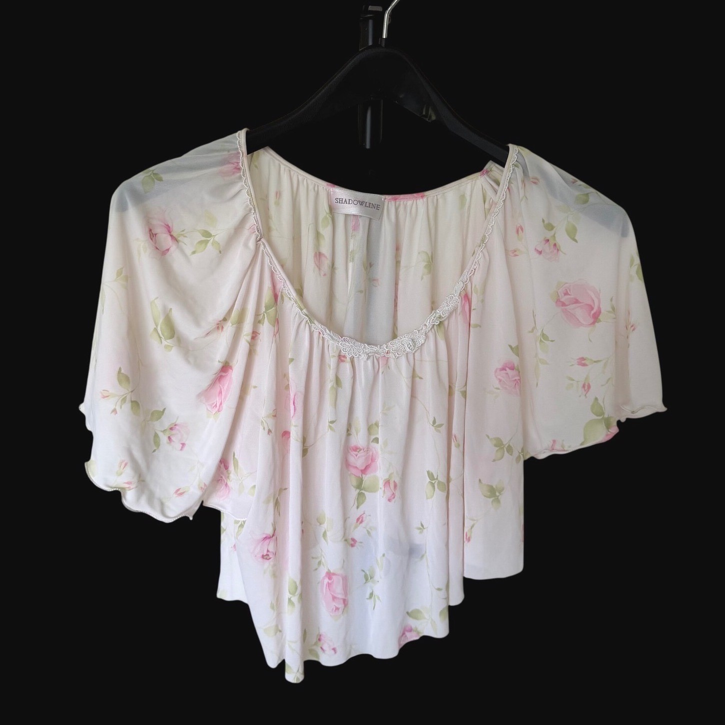 Y2K Coquette Pink Rose Floral Lace Trim Flutter Sleeve Raw Hem Top Womens