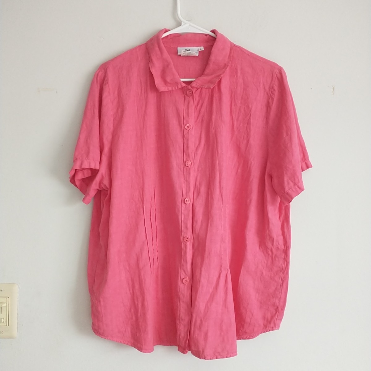 Hot Cotton Marc Ware Top Blouse Shirt Womens L Pink 100%Linen Pleated Colorful