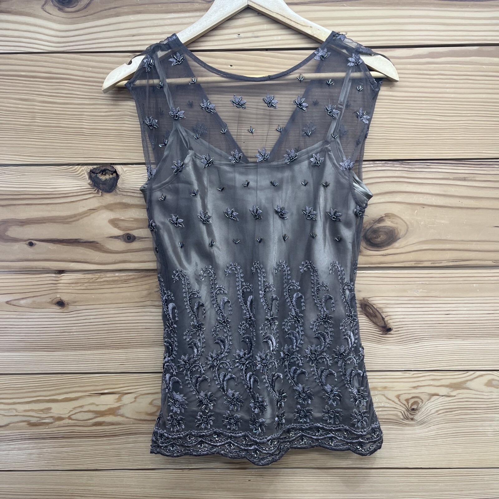 Spiegel Shirt Women 4 Brown Sheer Two Layer Mesh Beaded Lace Y2K Style Girly B74