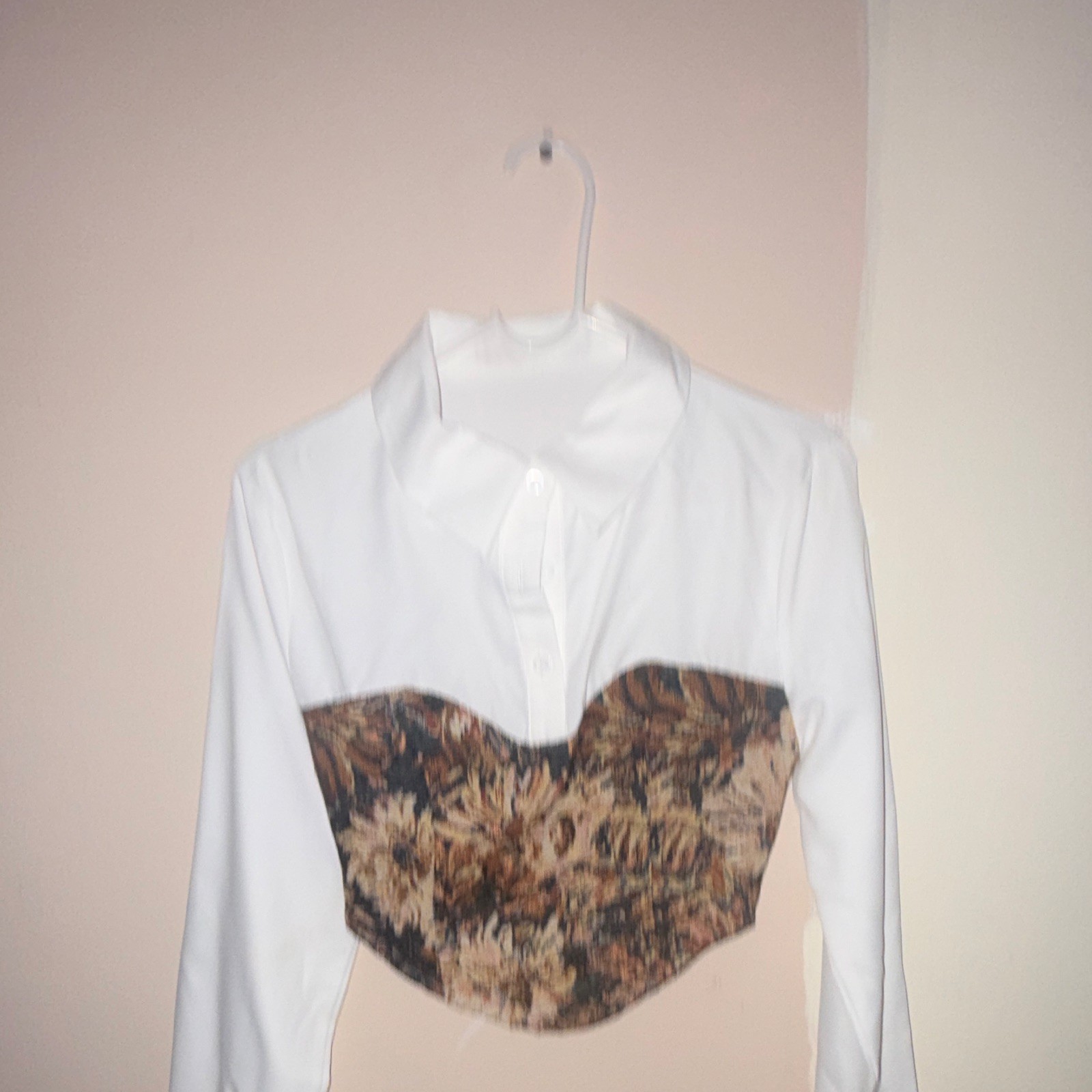 Maternity Women’s S Woven Cotton Blouse White/Brown Floral Collared Crop