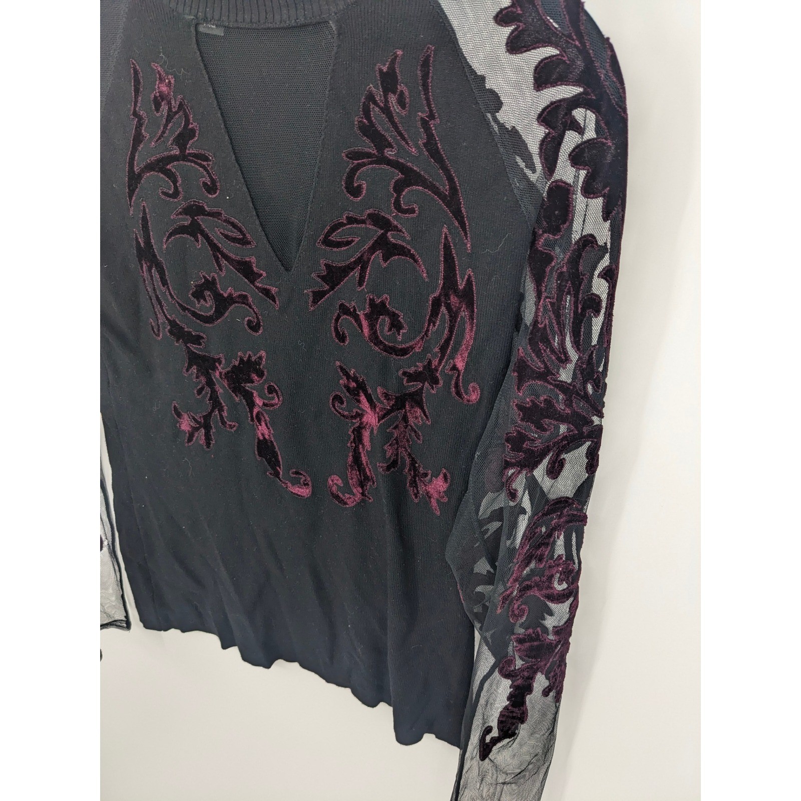 Whimsigoth Top Women Small Black Velvet Sheer Long Sleeve Y2K Witchy Vampire INC