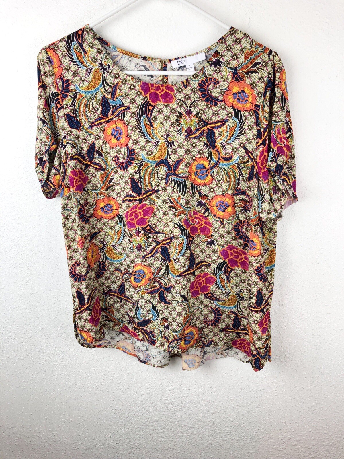 DR2 Top Womens SZL Blue Orange Floral Short Sleeves Business Casual Wear A17