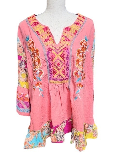Calessa Embroidered Boho Colorful Top Size 2X Cotton Flowy