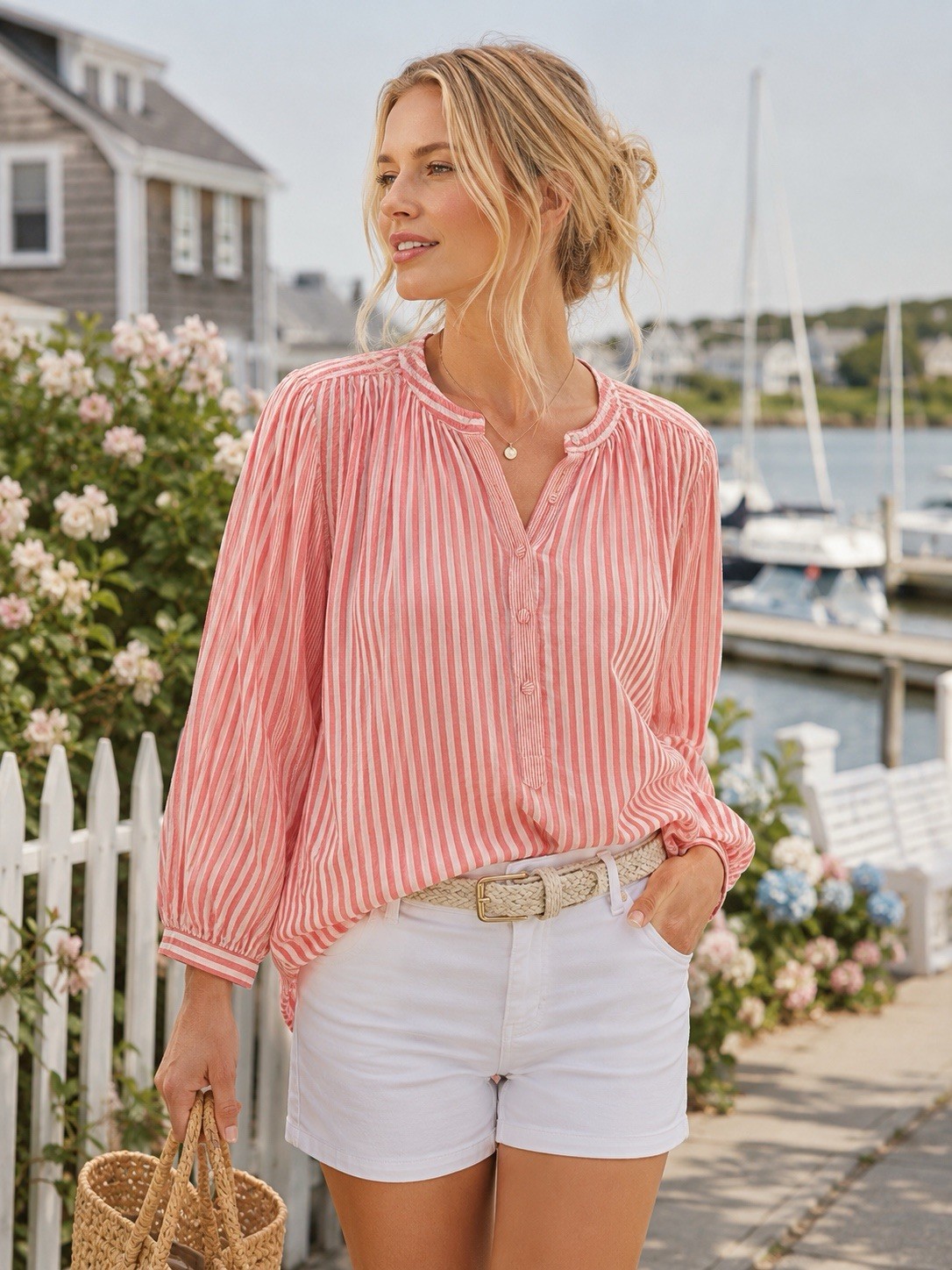 Louise Misha Jeannali Blouse Strawberry Stripes Pink White Cotton Embroidered
