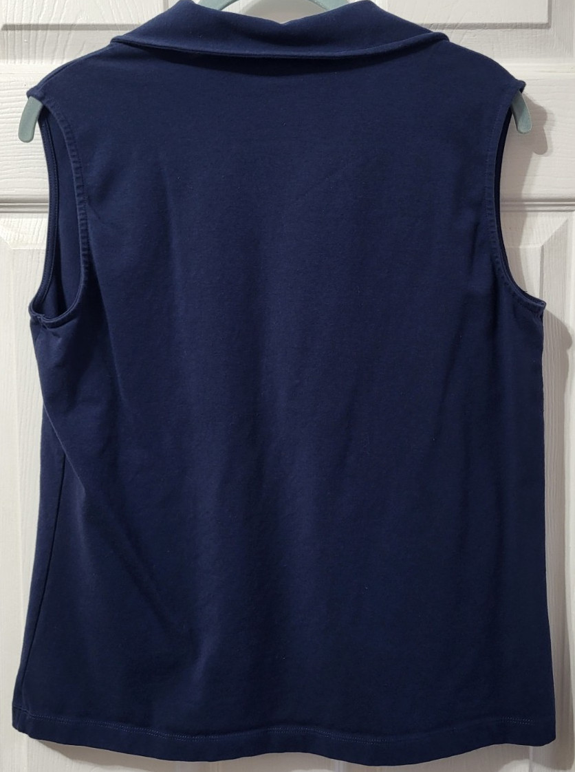 Susan Graver Style Top Womens Small Dark Blue 3 Button Sleeveless Collared Shirt