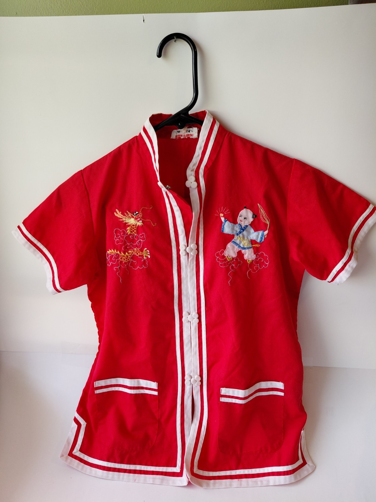 Vintage Red Asian Style Top With Pants Set Size 14 Plum Blossoms EUC