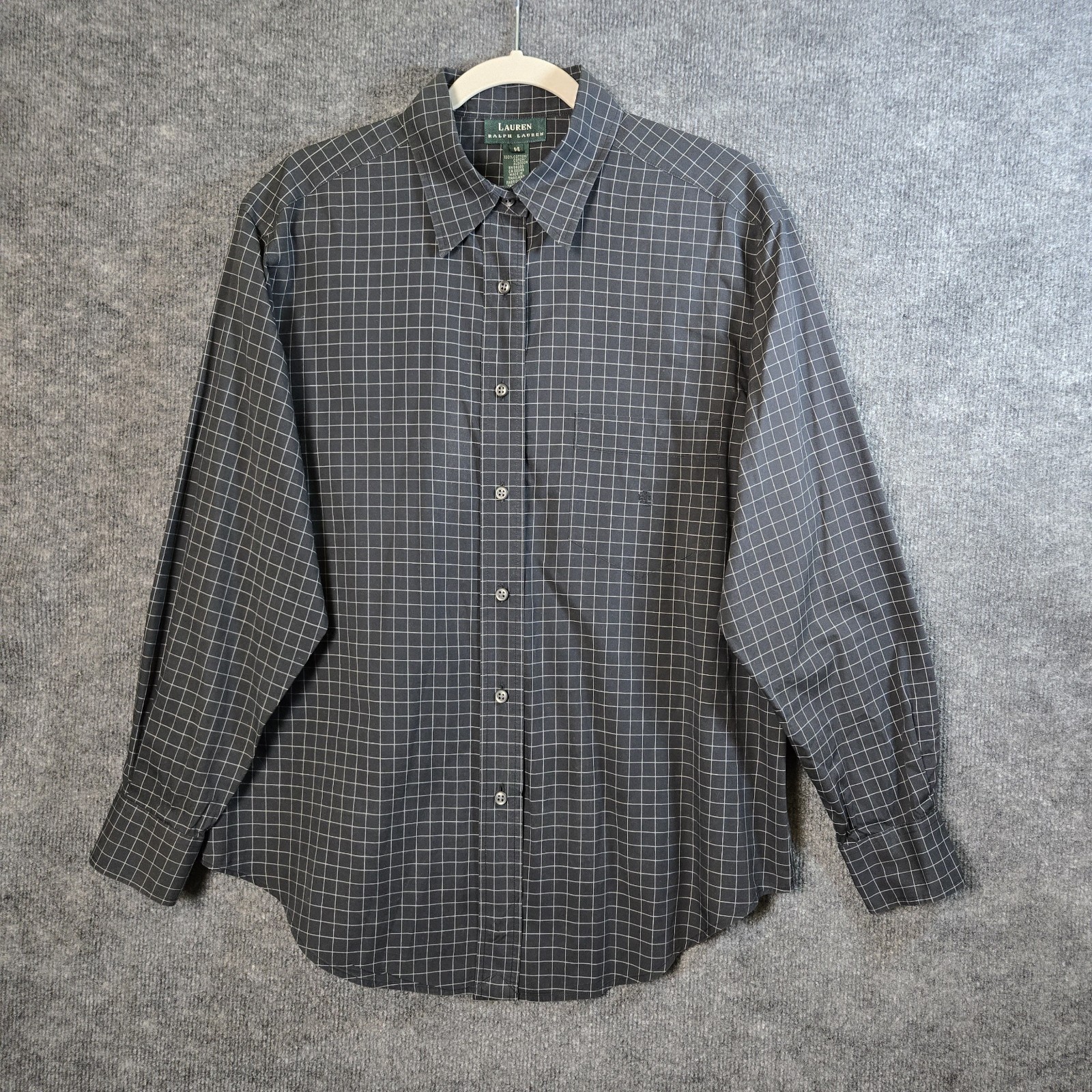 Lauren Ralph Lauren Top Womens 14 Charcoal Gray White Check Button Up Preppy