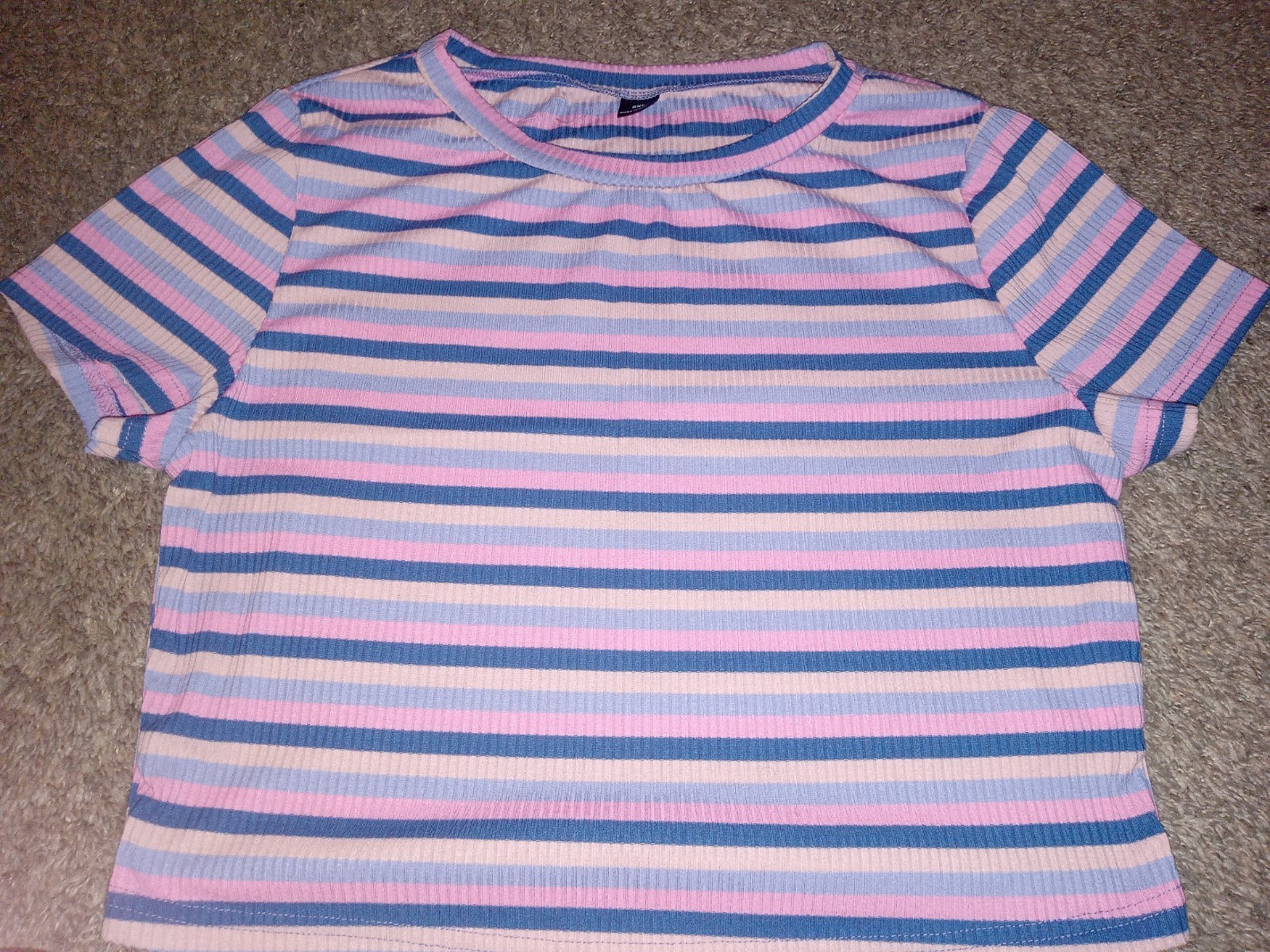 Women’s Pink Blue White Striped Knit Crew Neck T-Shirt, 0XL