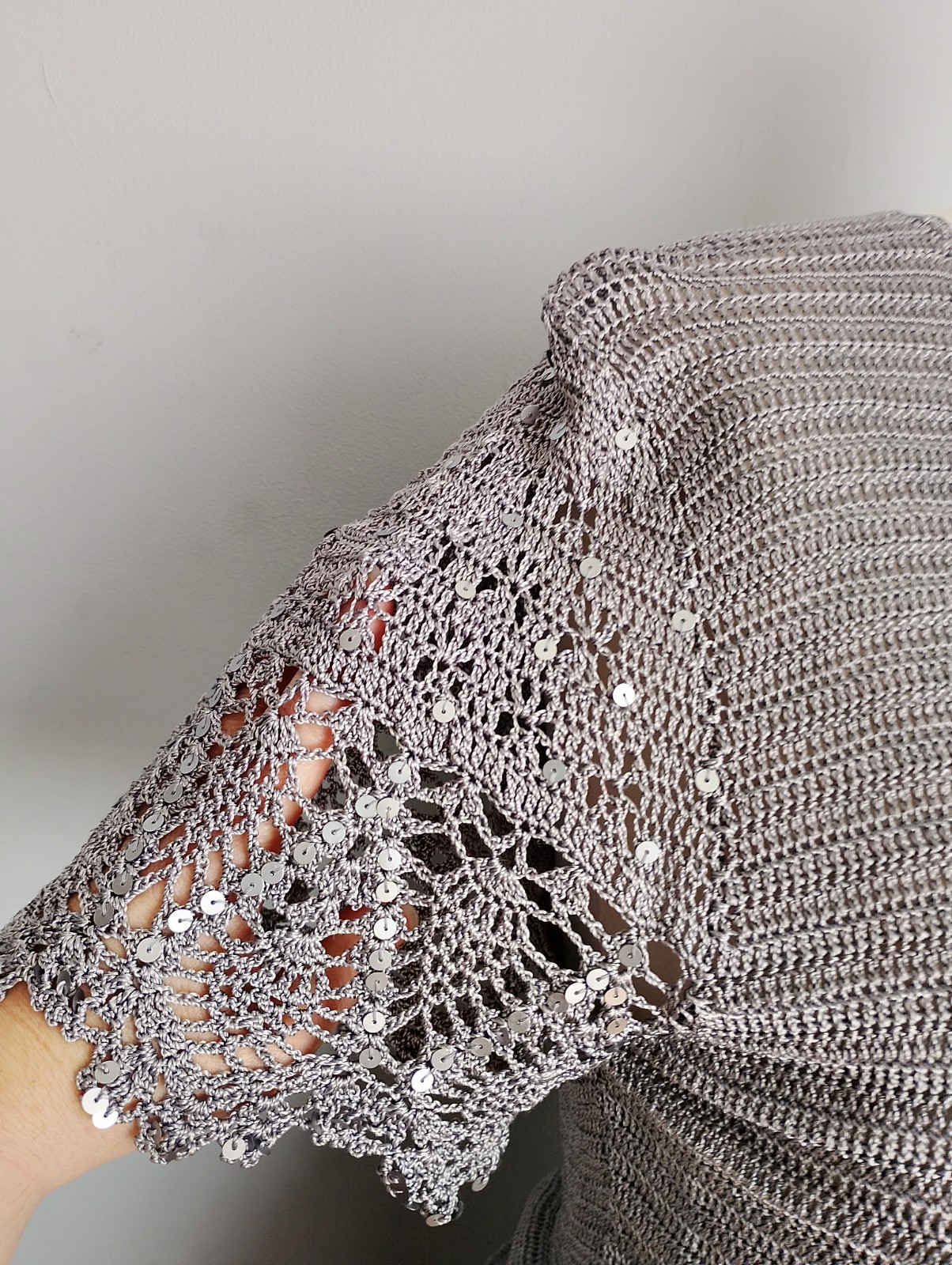 Jacques Vert Crochet Knit Top Sequin Lace Drawstring UK M Dove Grey Occasion
