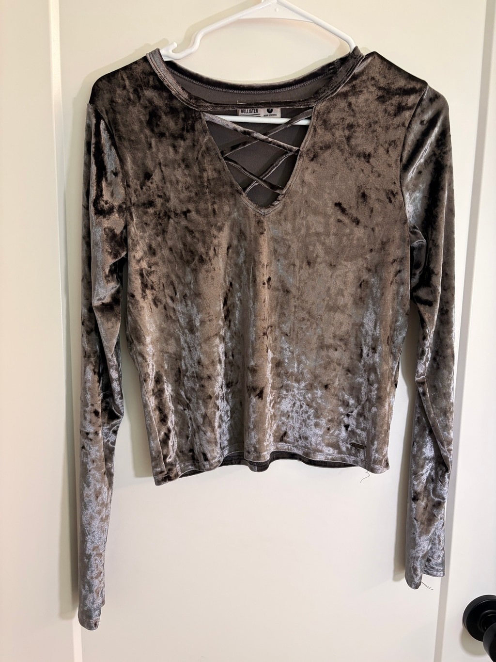 EUC Hollister Must-Have Collection Crushed Velvet Cross-Front Top, Dark Gray M