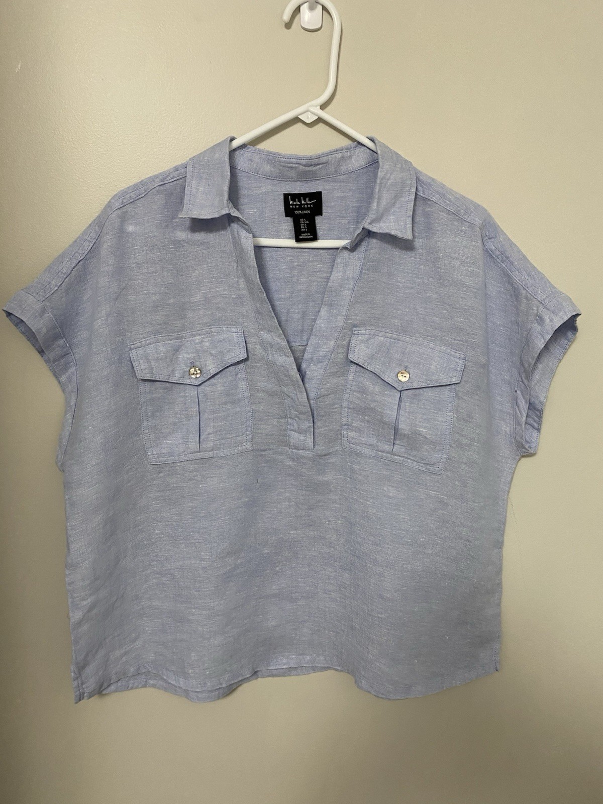 Nicole Miller Linen Short Sleeve Blouse Womens Size L Light Blue V-Neck Utility