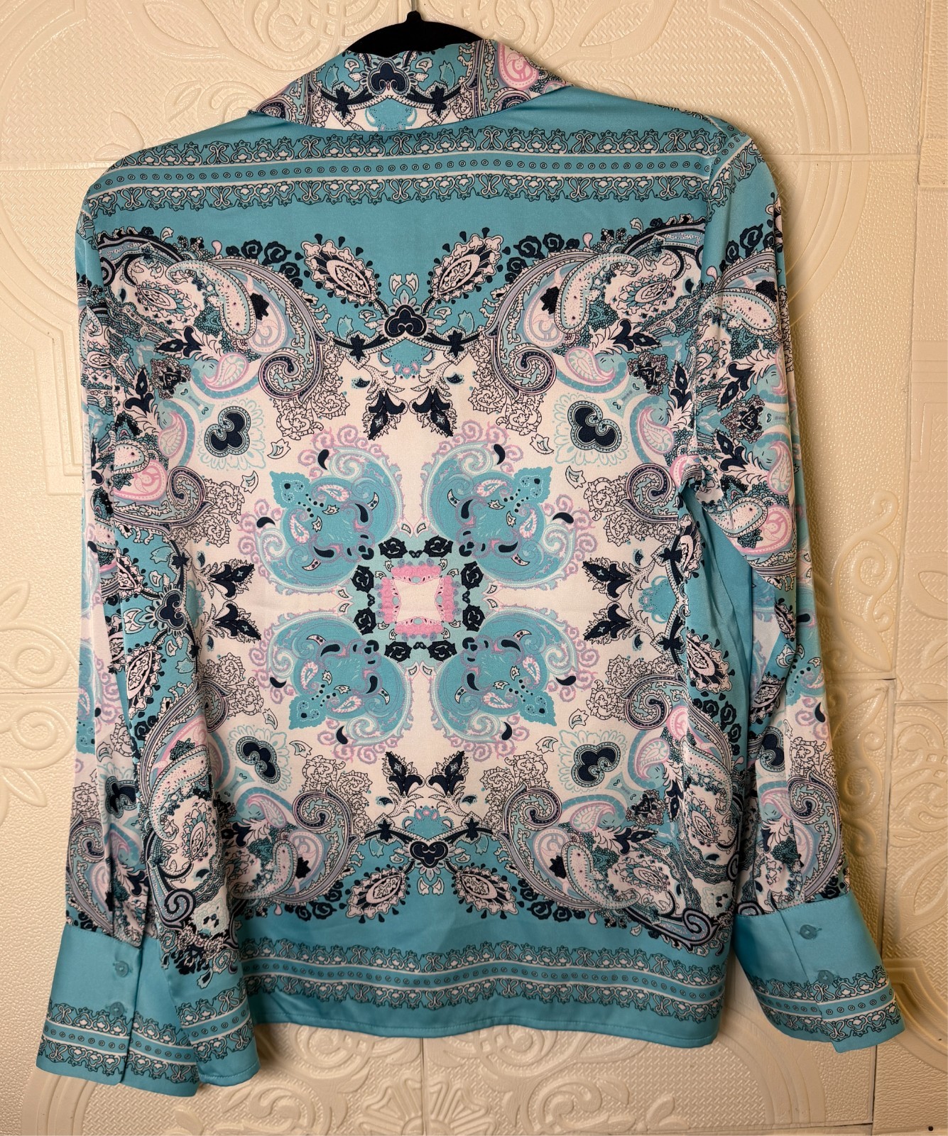 Rachel Zoe Satin blouse S Aqua Paisley Beautiful Shirt Career Boho Chic SKU 186