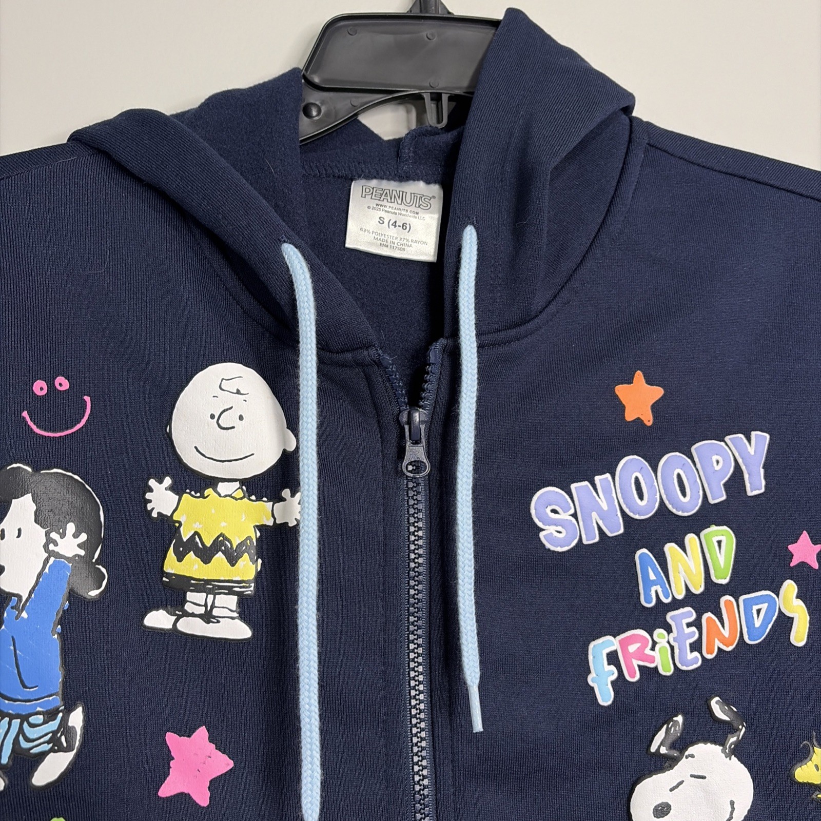 Peanuts Snoopy and Friends Zip Up Hoodie Womens S Navy Blue Puffy Graphics NEW