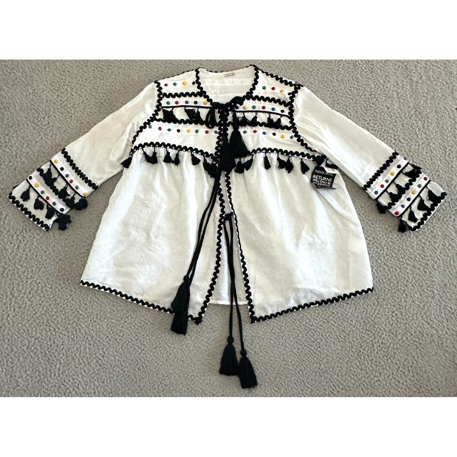 Dodo Baror Top Womens Embroidered Tassels Cardigan Tie Front Closure Studded