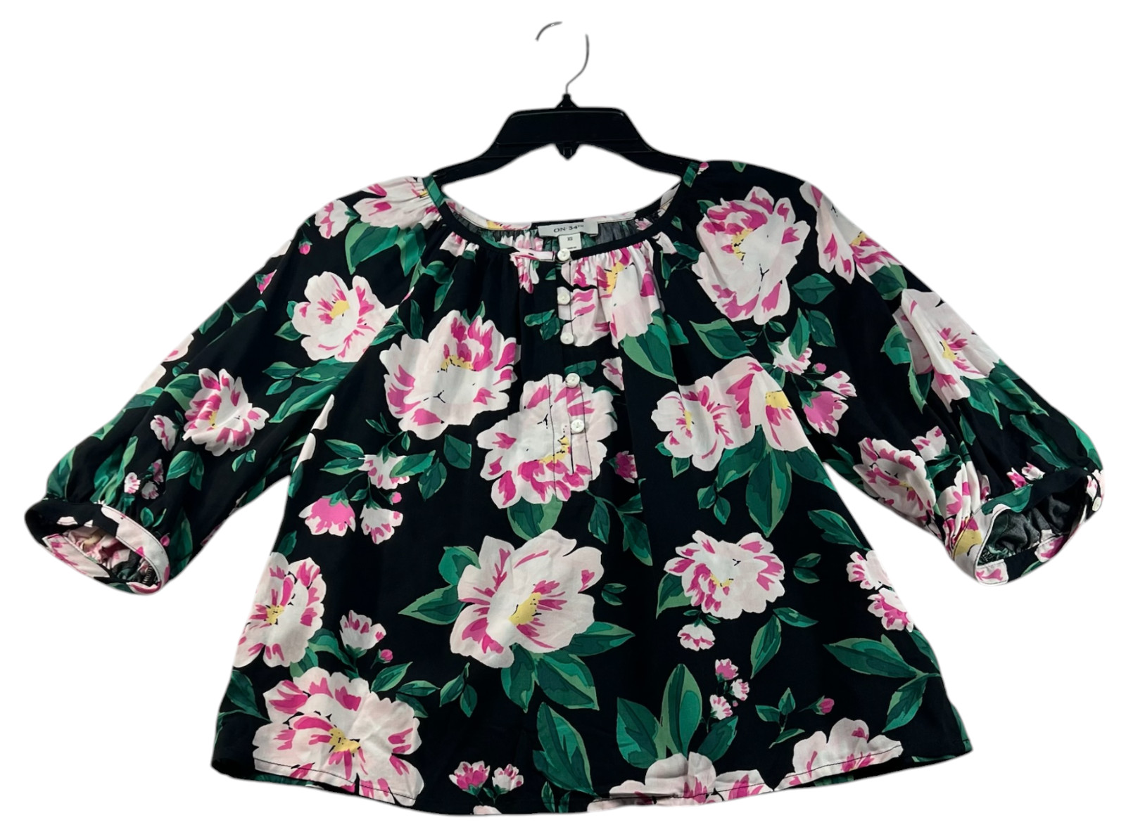 On 34th Blouse Womens Size XS Black Floral 3/4 Sleeve New