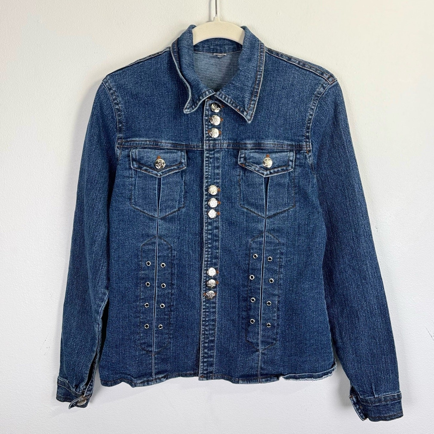 y2k VTG Denim Shirt Womens L Blue Long Sleeve Button Up Top Medium Wash Western