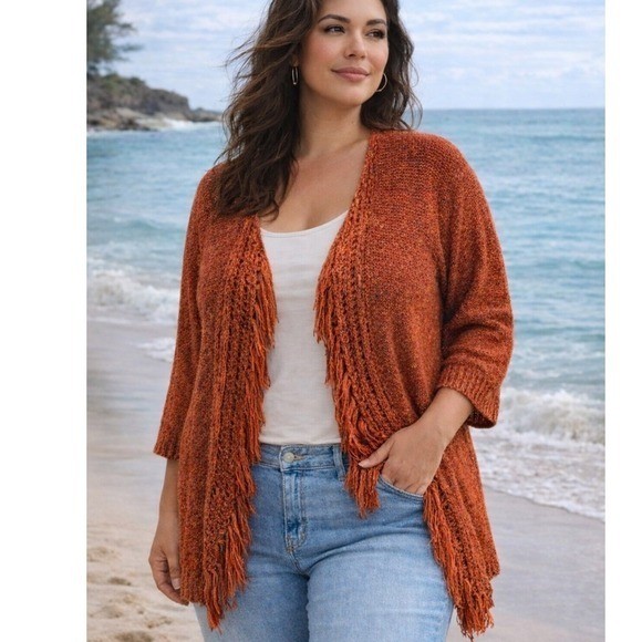 Ruby Rd Boho Fringe Cardigan Open Knit Marled Rust Orange Lightweight – XL