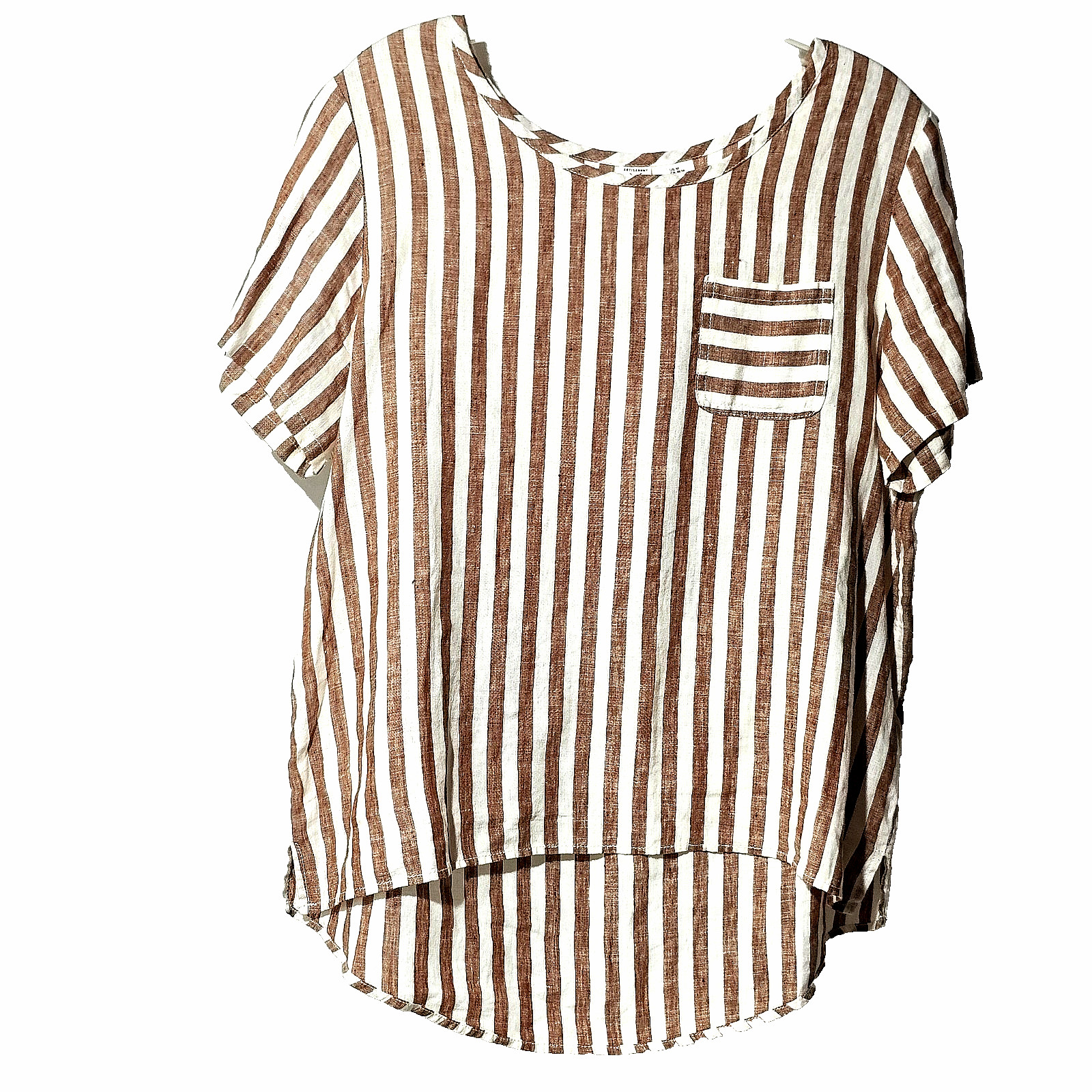 Linen Brown Striped Shirt Size M Scoop Neck Beachy Breezy Hi Low Hem Artisan NY