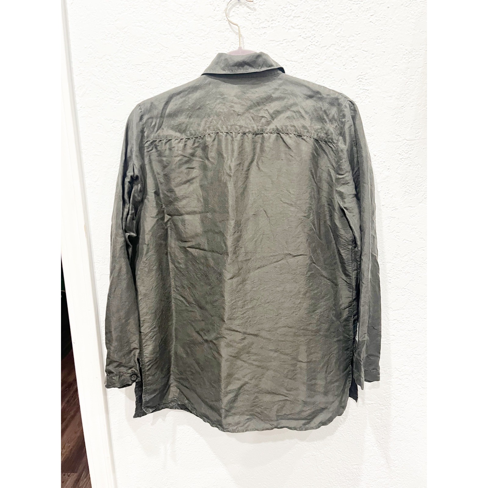 Peter Martin Silk Giraffe Embroidered Button Down Shirt Olive Green Womens 10