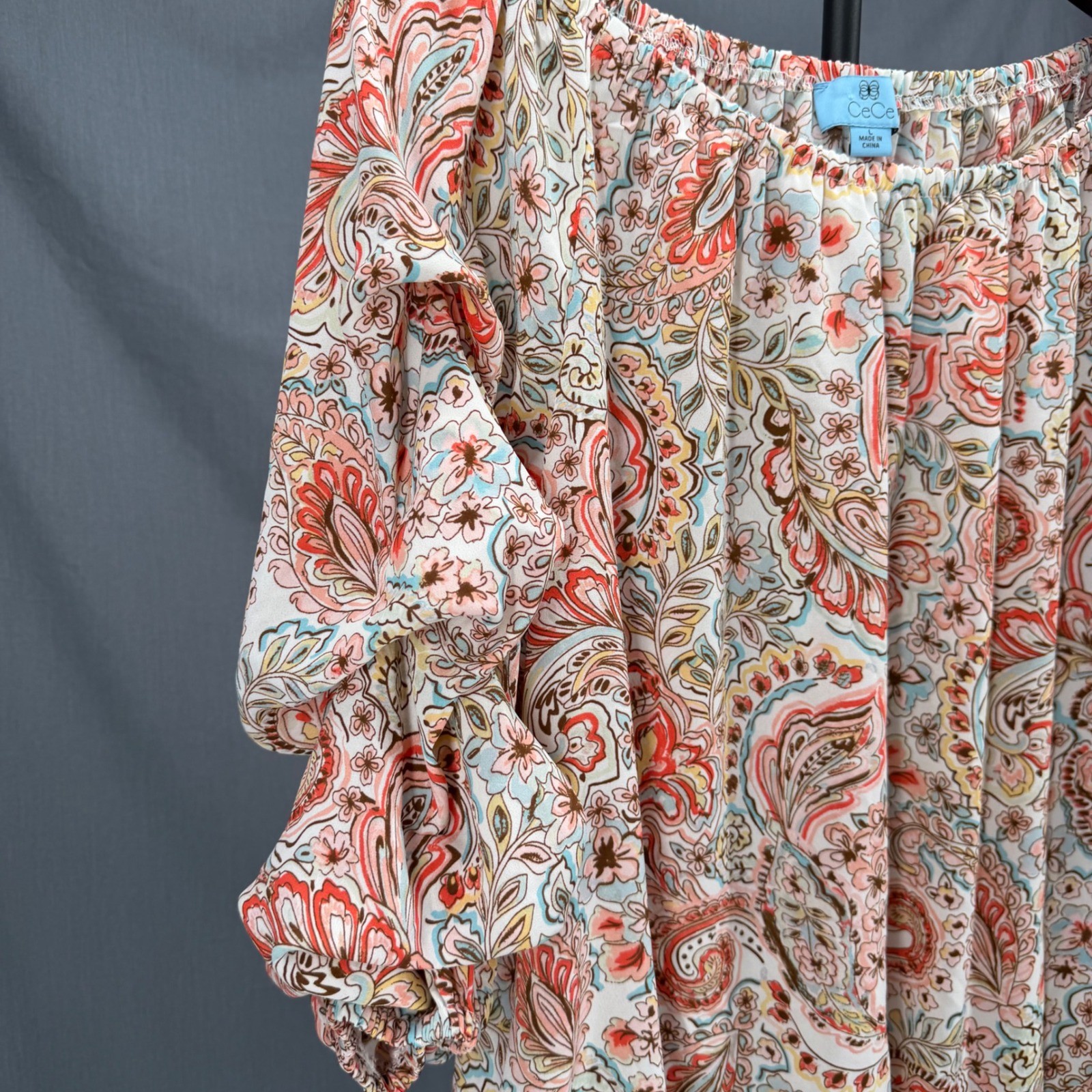 CeCe Womens Paisley Floral Off Shoulder Ruffle Sleeve Tie Hem Blouse Large Coral