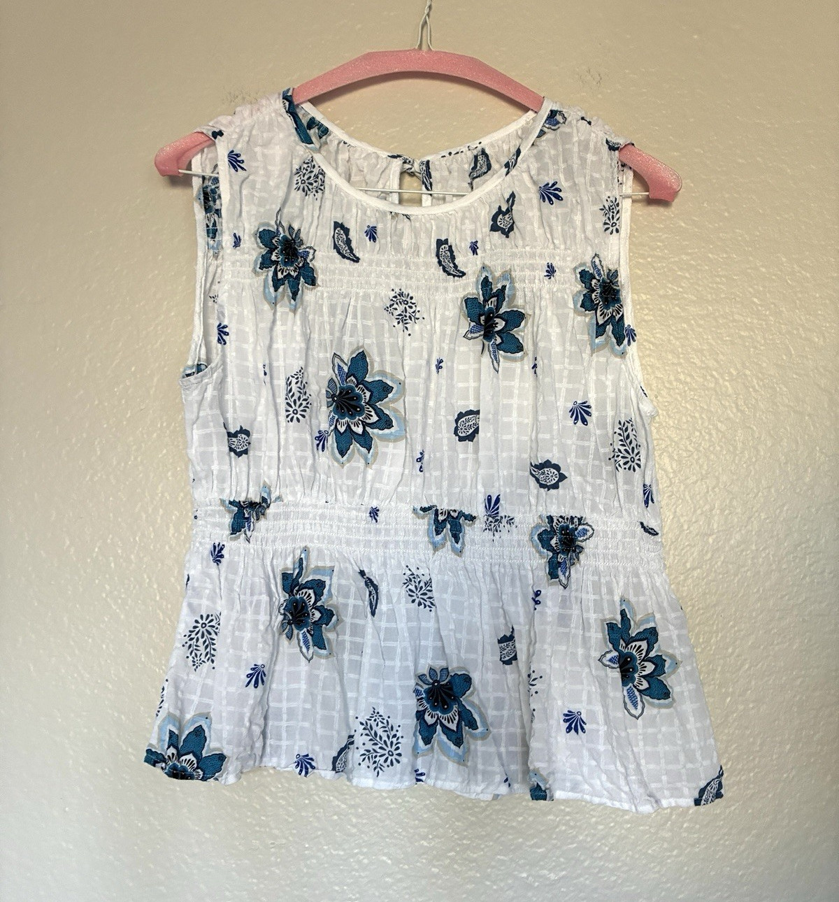 Unbranded Cotton-Blend White Sleeveless Peplum Top with Blue Floral Print Boho