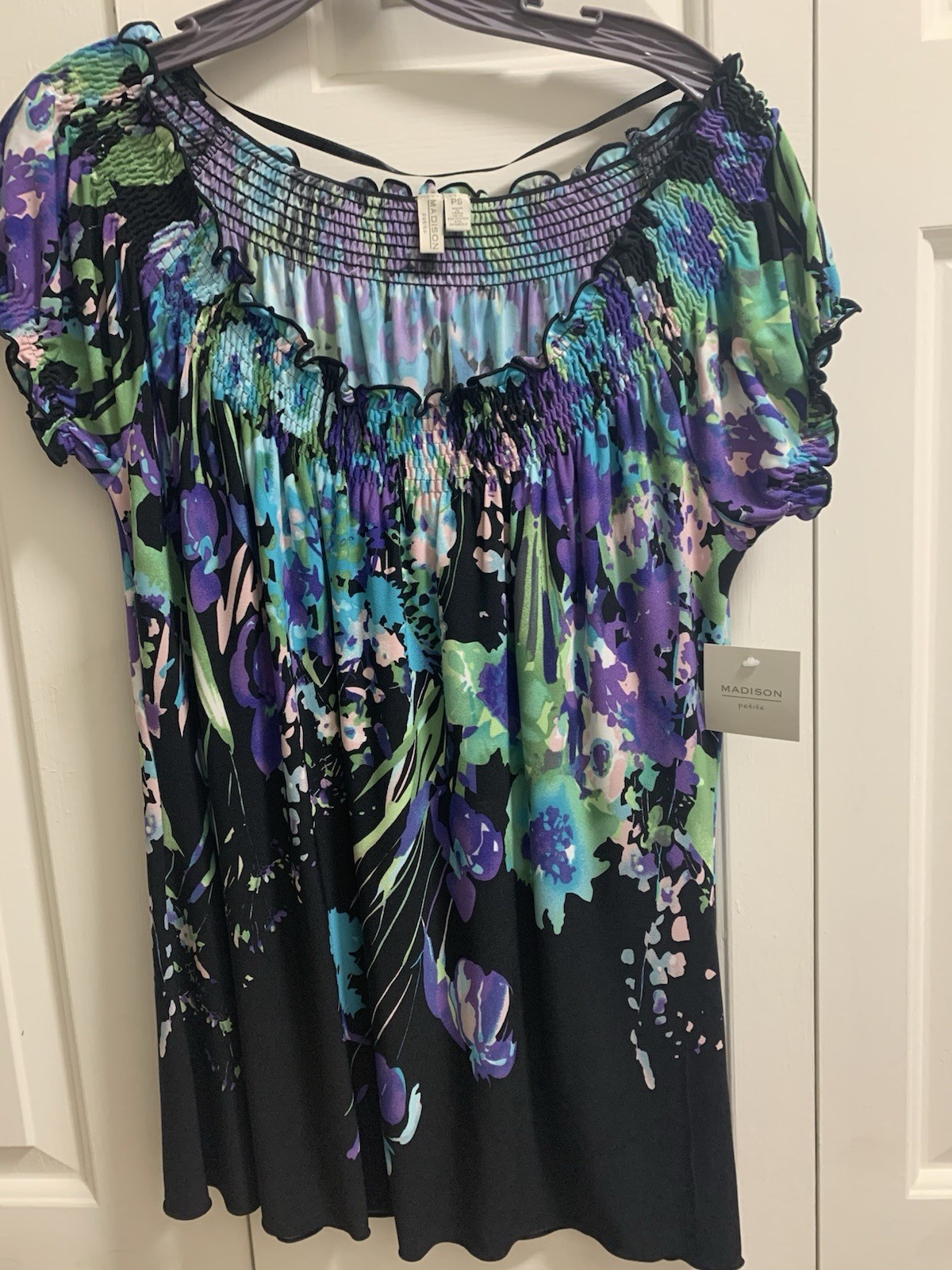 Madison Floral Knit Peasant Blouse Off Shoulder Smocked Puff SS Multicolor PS